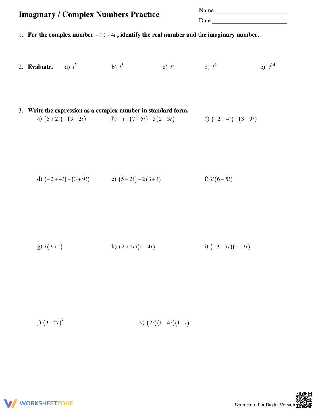 Imaginary and Complex Numbers Practice - Page 1