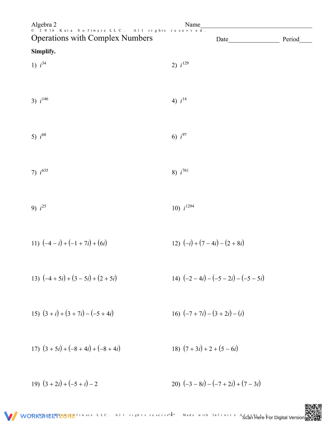 Practice Operations with Complex Numbers - Page 1