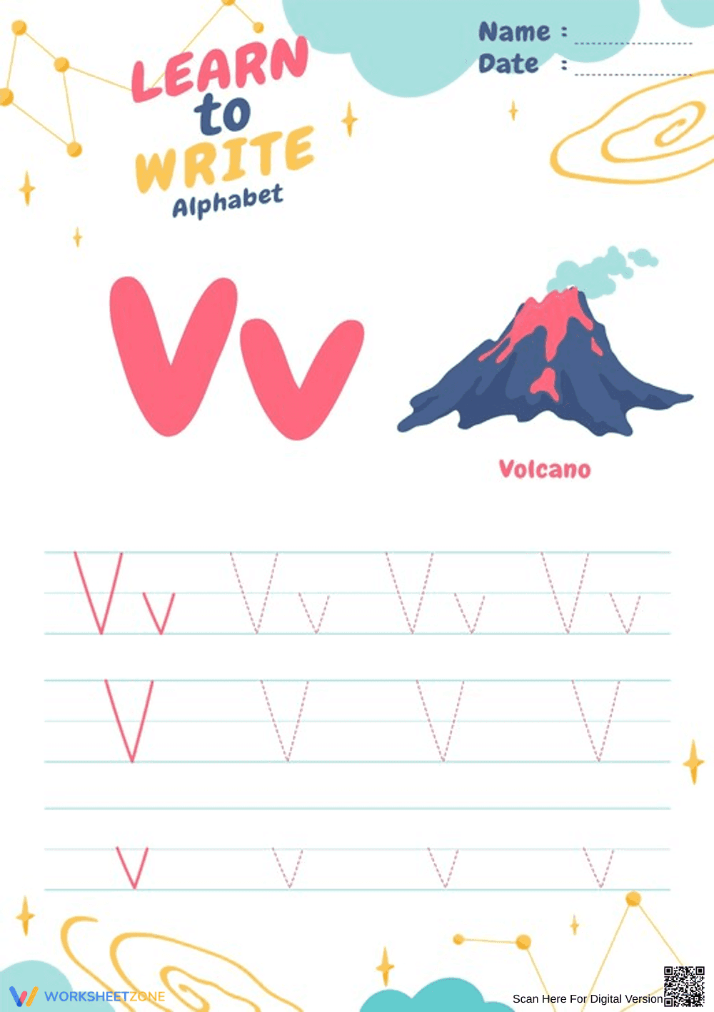 Learn to Write Letter Vv | Essential Grade K-1 Worksheet - Page 1