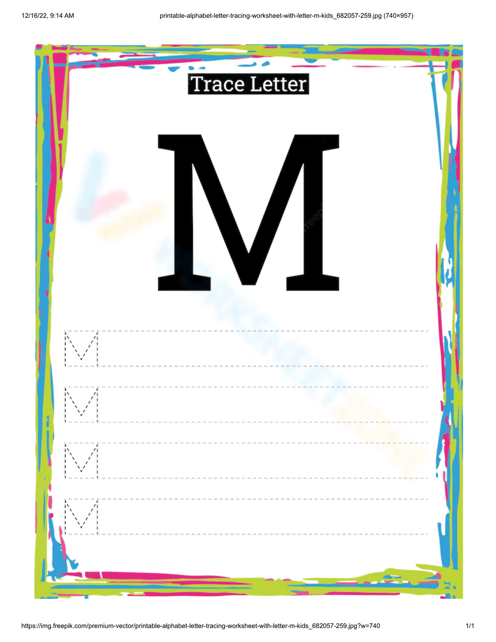 Trace Letter M Printable Worksheet | Kindergarten English - Page 1