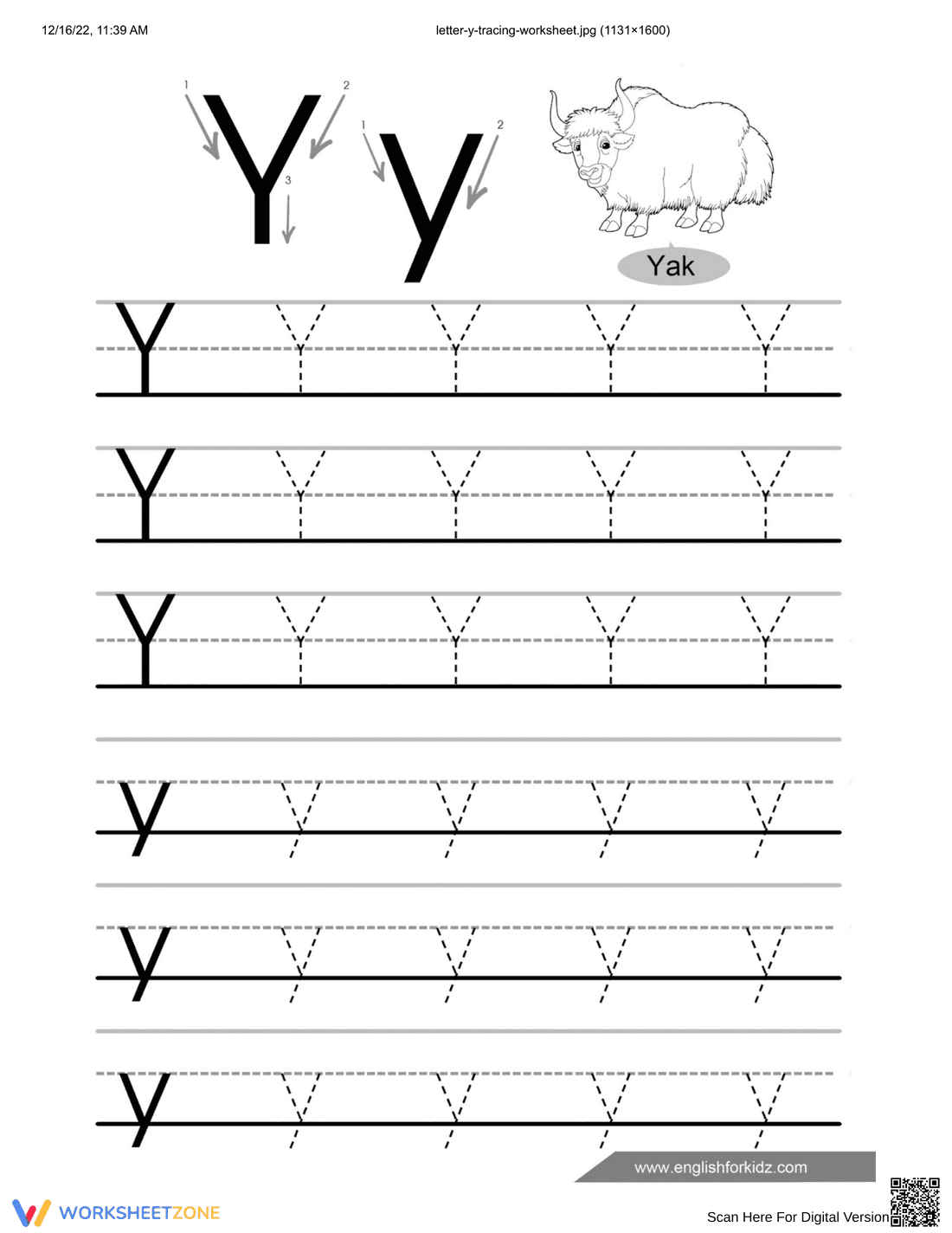 Printable Letter Y Tracing Worksheet | Kindergarten English - Page 1