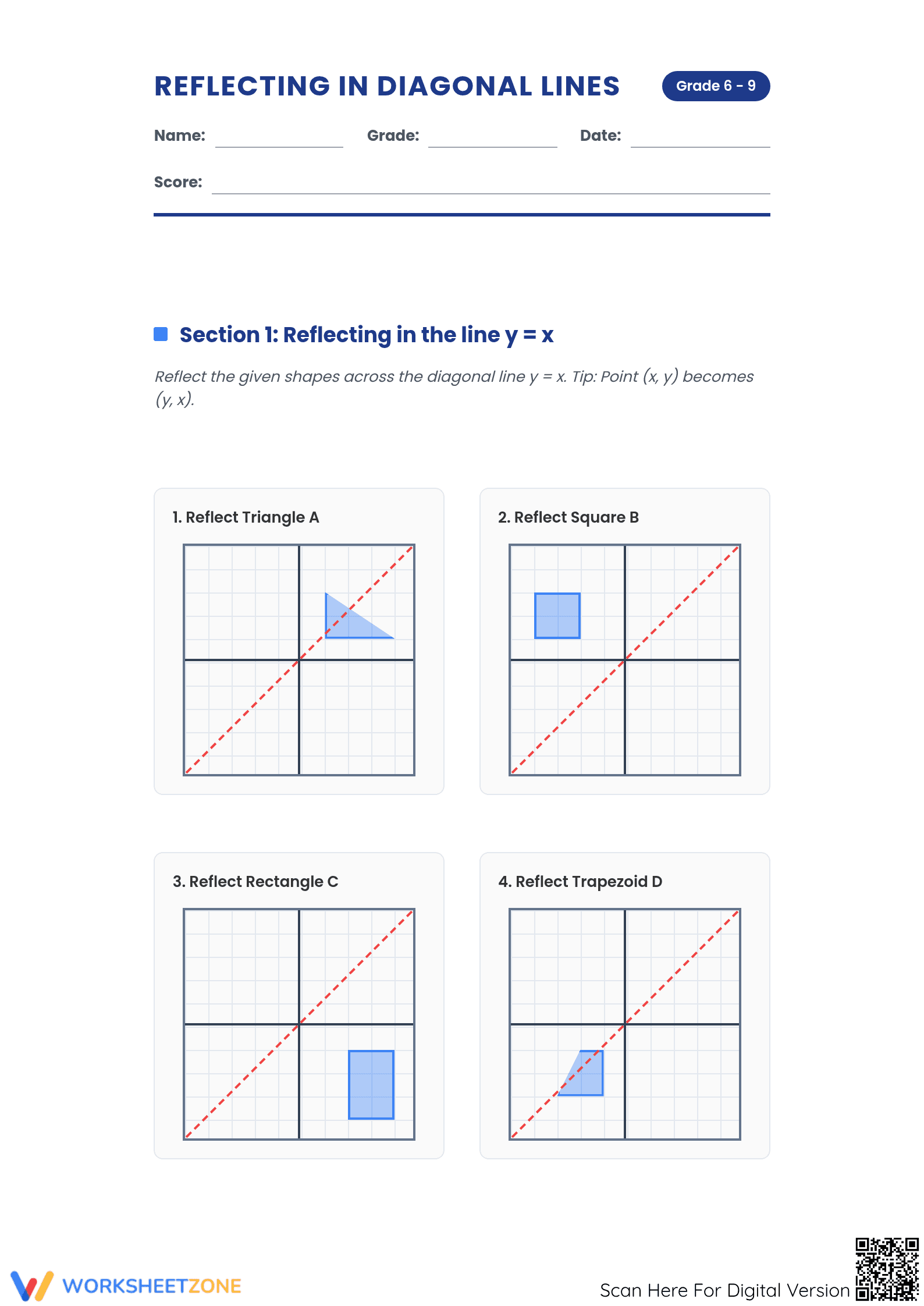 Printable Reflecting in Diagonal Lines Worksheet | Grade 8 - Page 1