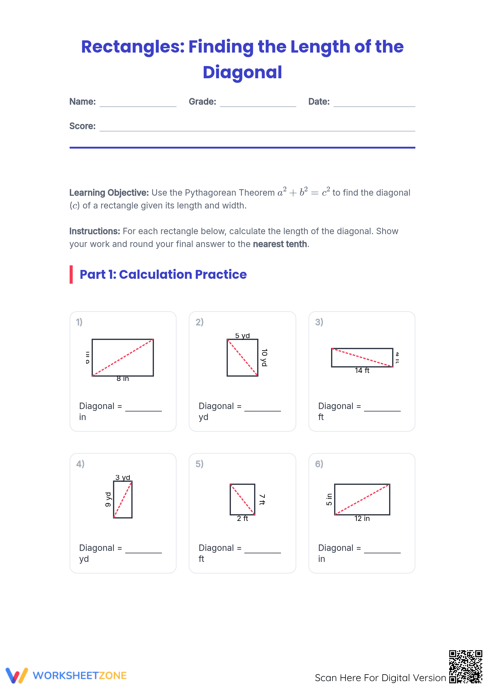 Essential Diagonal Length Practice | Grade 8 Geometry - Page 1