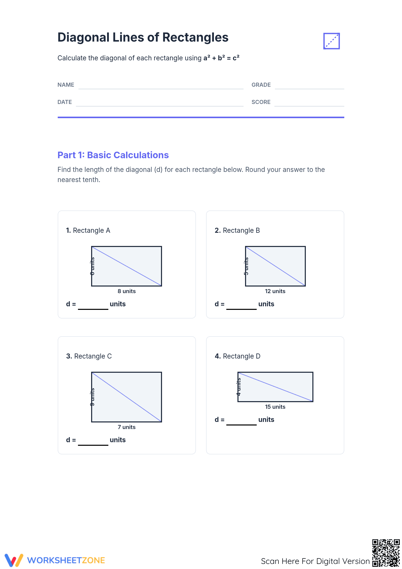 Essential Diagonal Lines of Rectangles Worksheet Grade 8 - Page 1