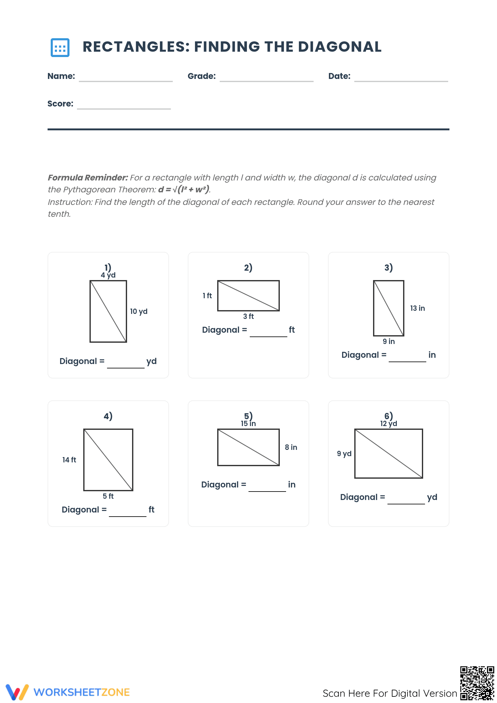 Essential Rectangle Diagonal Worksheet | Grade 8 Math - Page 1
