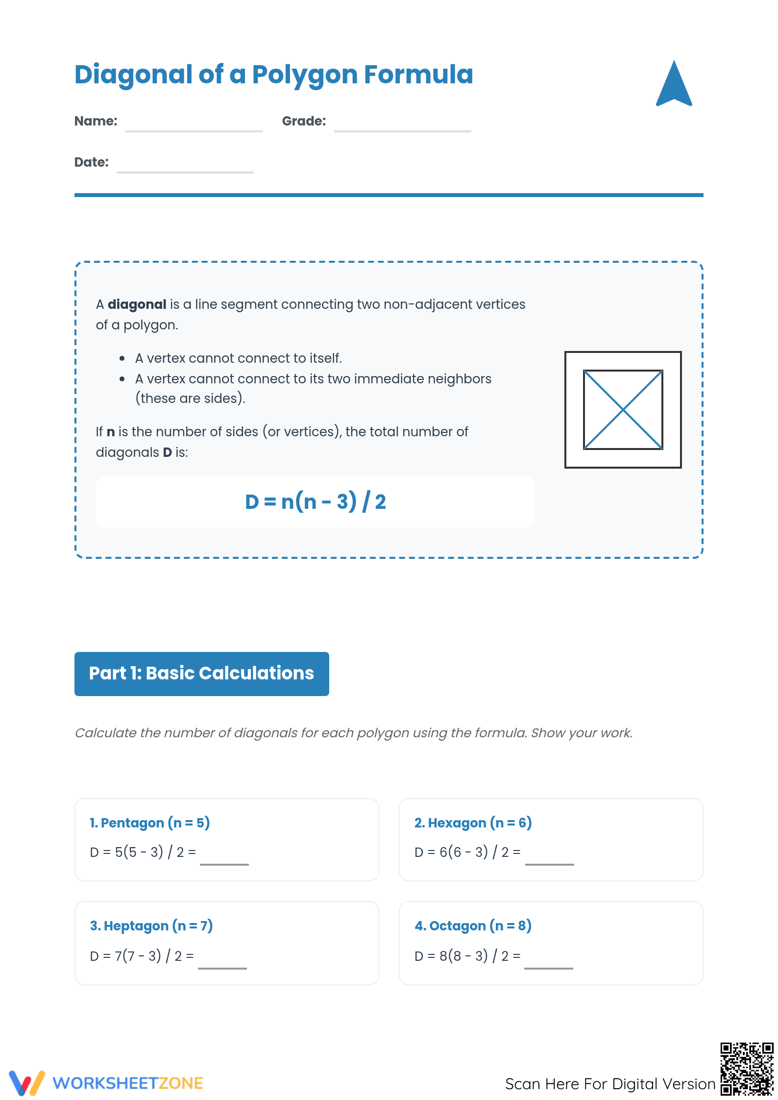 Essential Diagonal of a Polygon Formula Worksheet | Grade 7 - Page 1