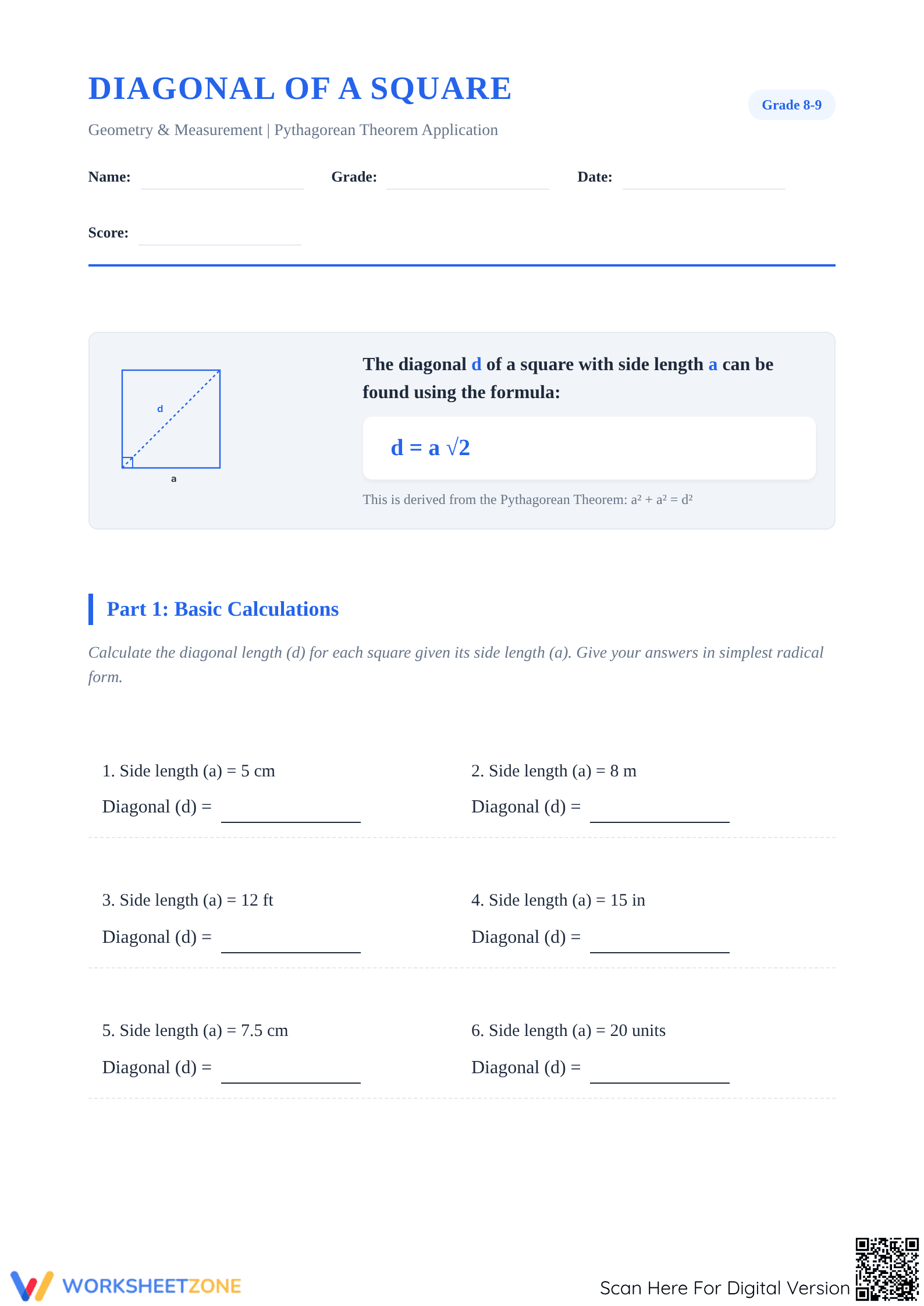Printable Diagonal of a Square Worksheet | Grade 8 Geometry - Page 1