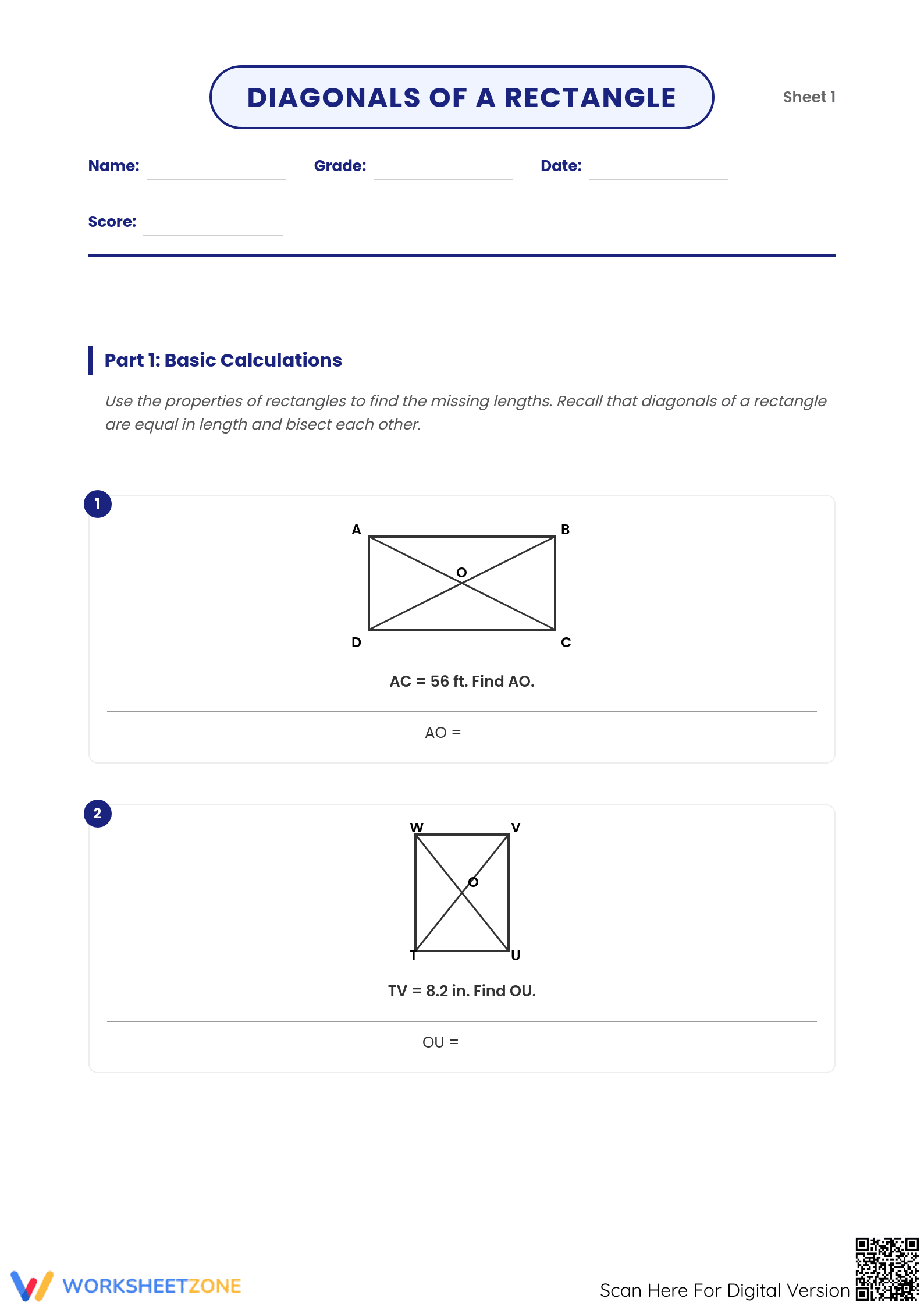 Essential Diagonals of a Rectangle Worksheet | Grade 7-9 - Page 1