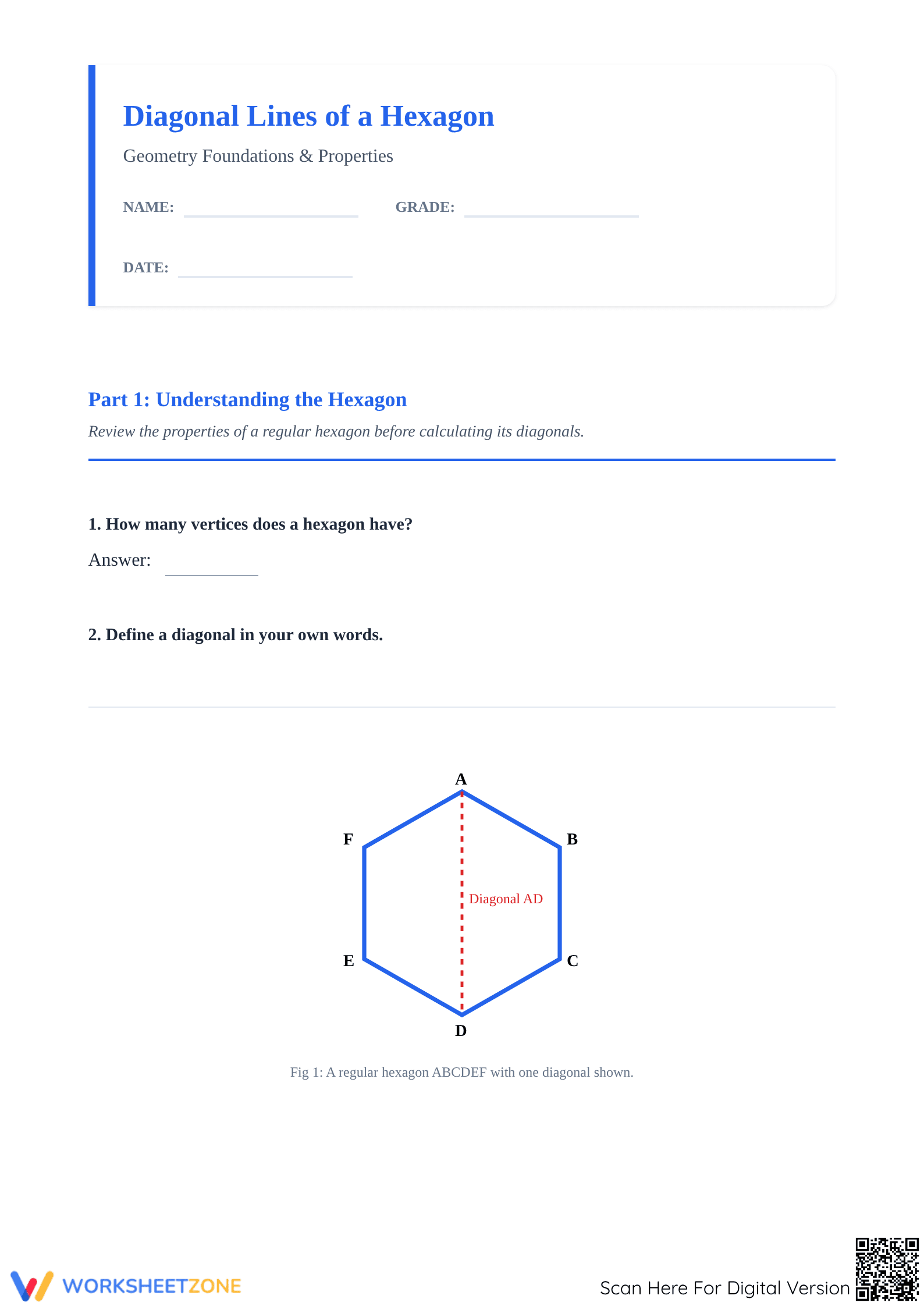 Essential Diagonal Line of Hexagon Worksheet | Grade 6-9 - Page 1