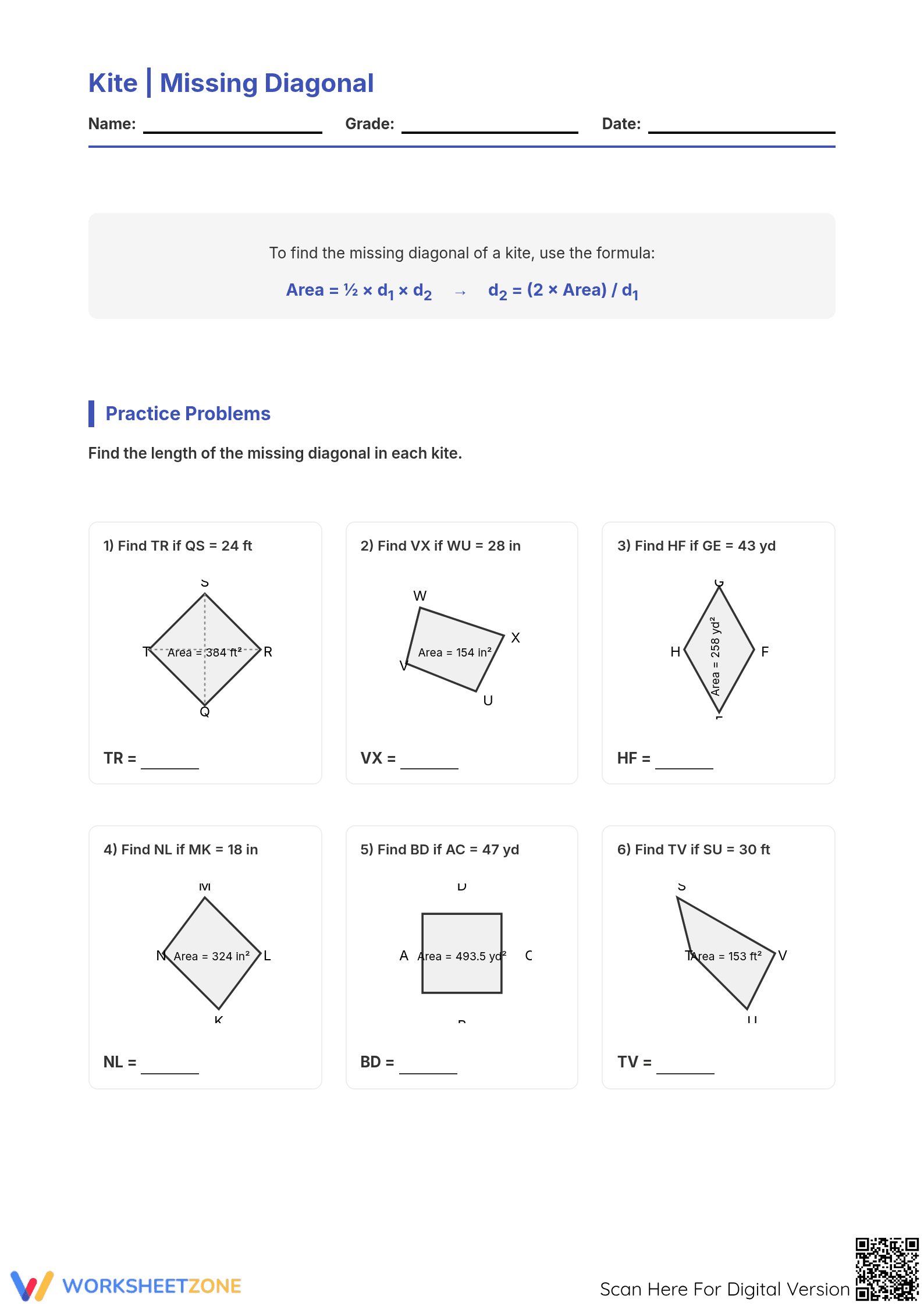 Printable Kite Diagonal Worksheet | Grade 6-9 Math - Page 1