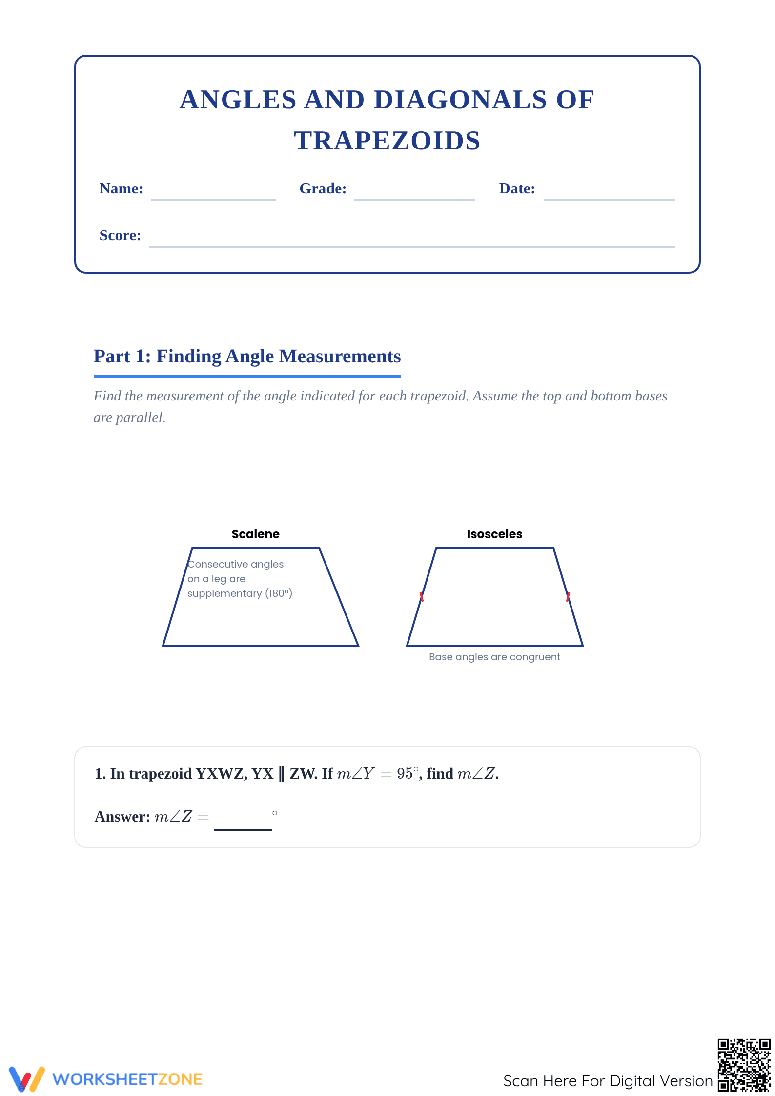 Trapezoid Angles & Diagonals Worksheet | Grade 8 Ready - Page 1