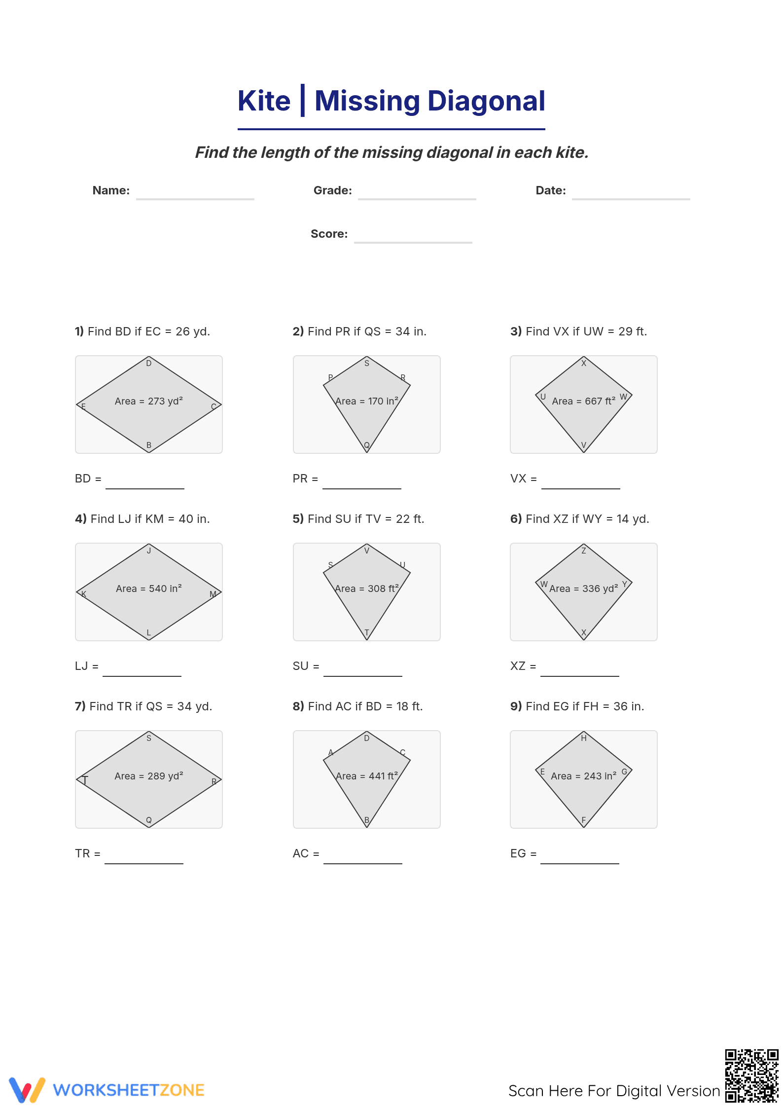 Missing Diagonal Kite Worksheet | Essential Grade 6-8 Math - Page 1