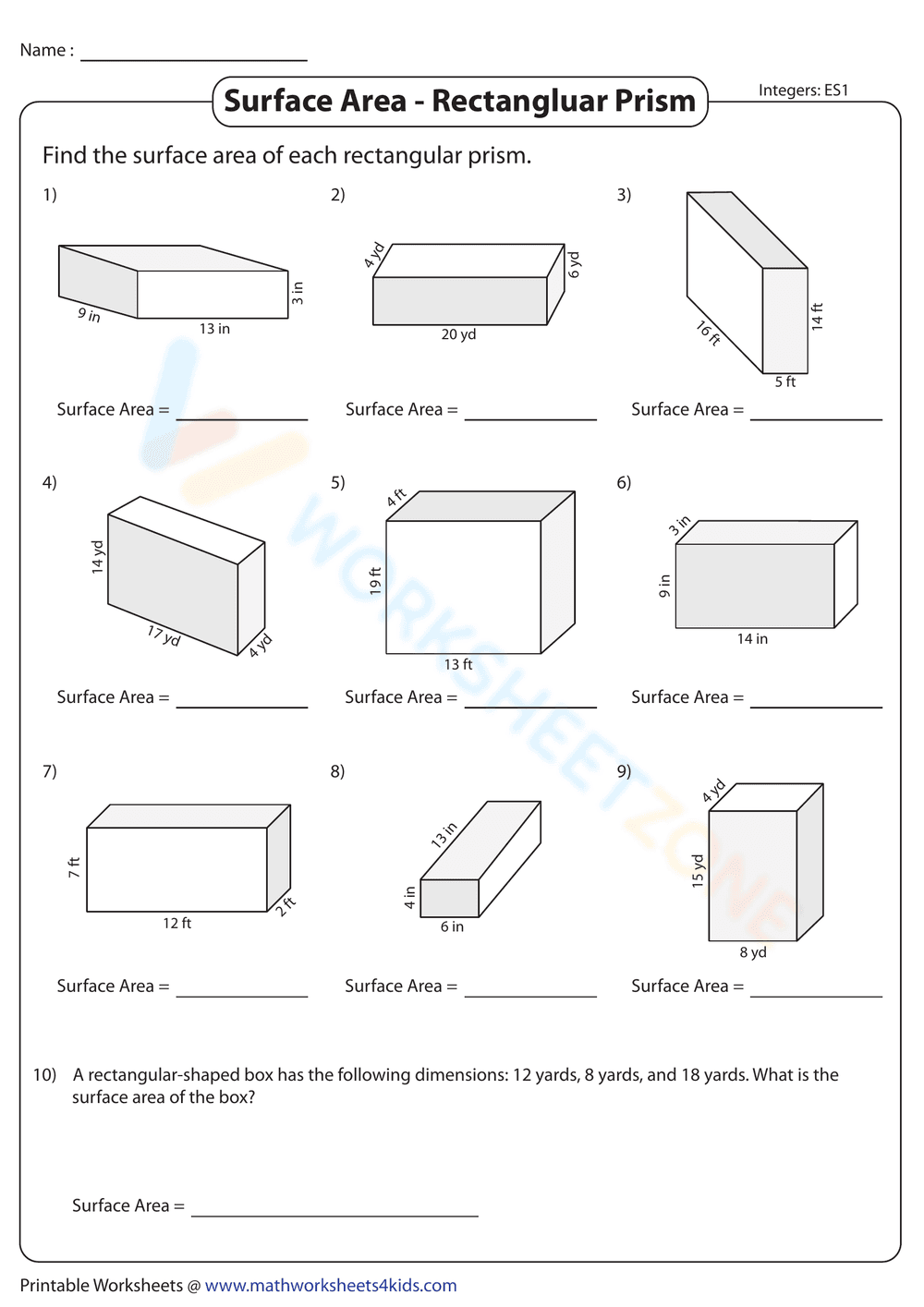 Surface Area - Rectangluar Prism - Page 1