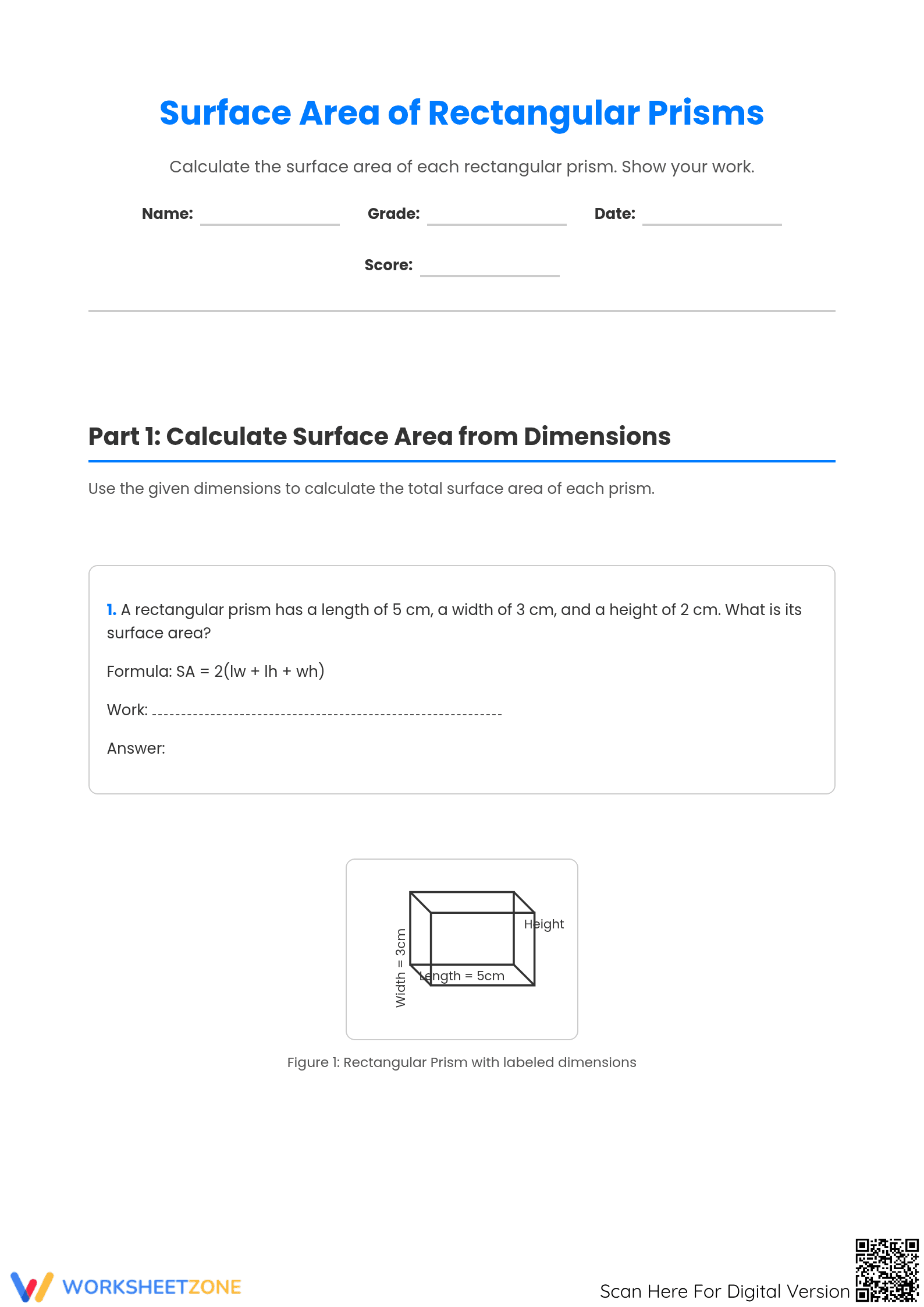 Grade 6-8 Surface Area — Printable No-Prep Worksheet - Page 1