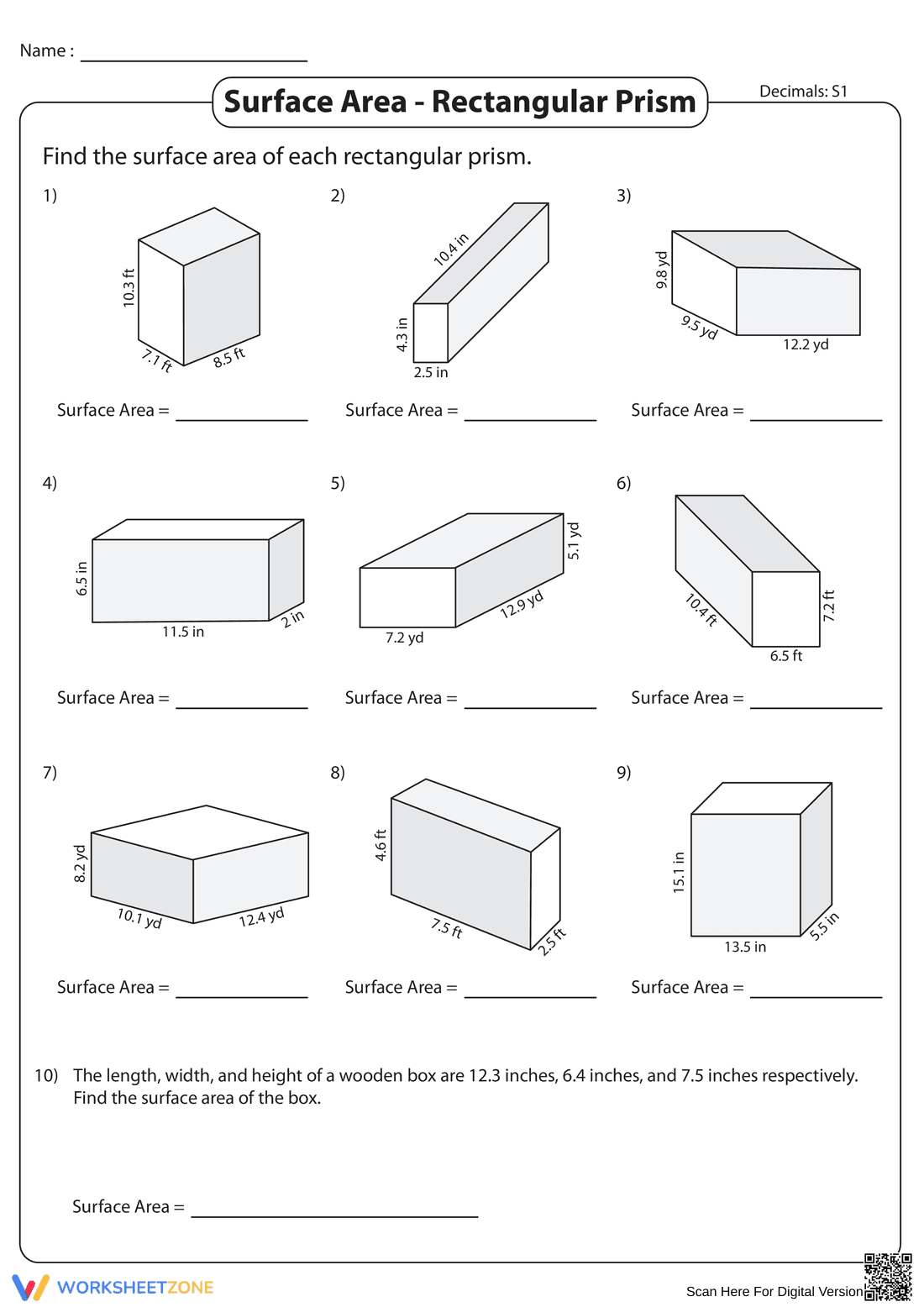 Printable Surface Area of Rectangular Prisms Worksheet - Page 1