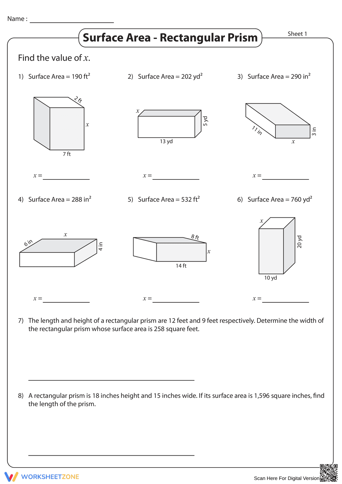 Missing Dimension Surface Area Worksheet | Grade 7 Ready - Page 1