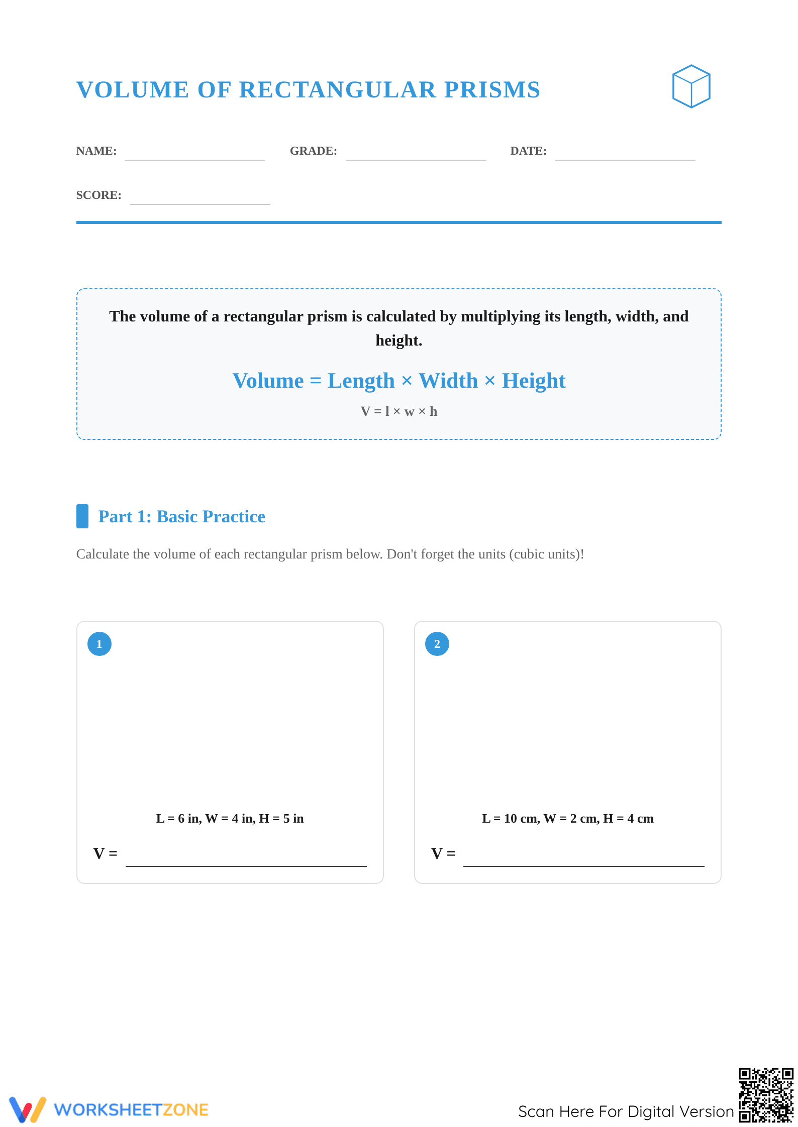 Volume of Rectangular Prism Worksheet | Essential Grade 6-9 - Page 1