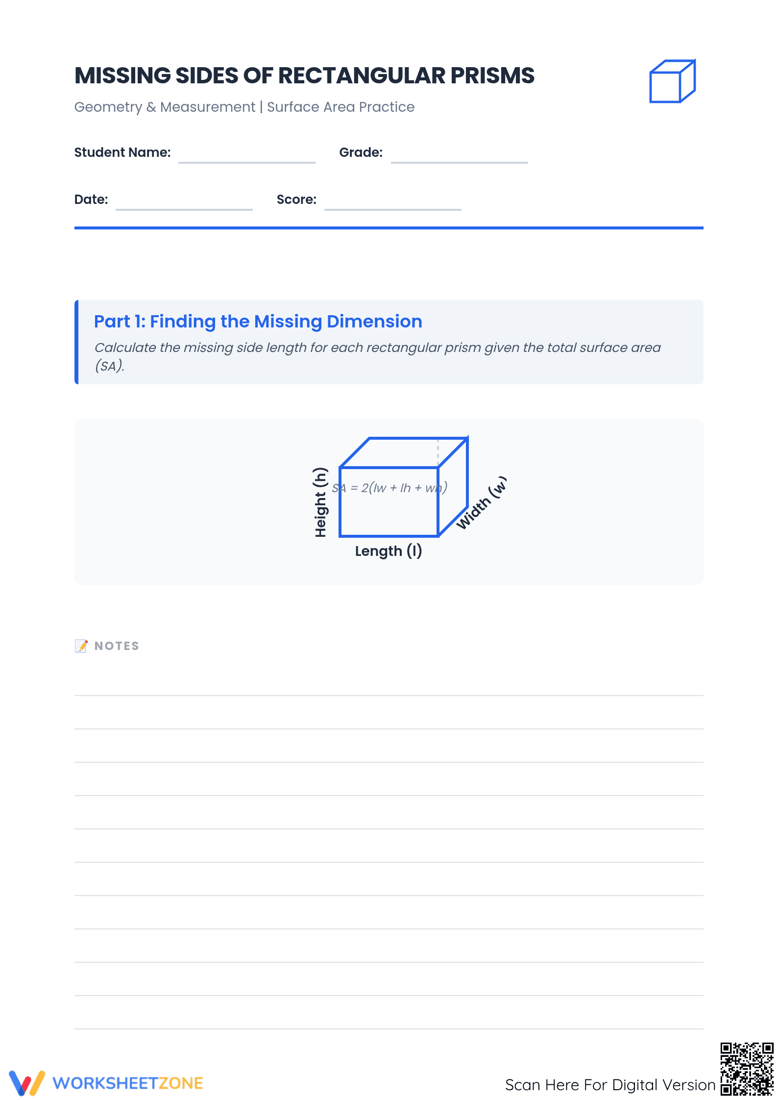 Printable Missing Sides of Rectangular Prism Worksheet - Page 1