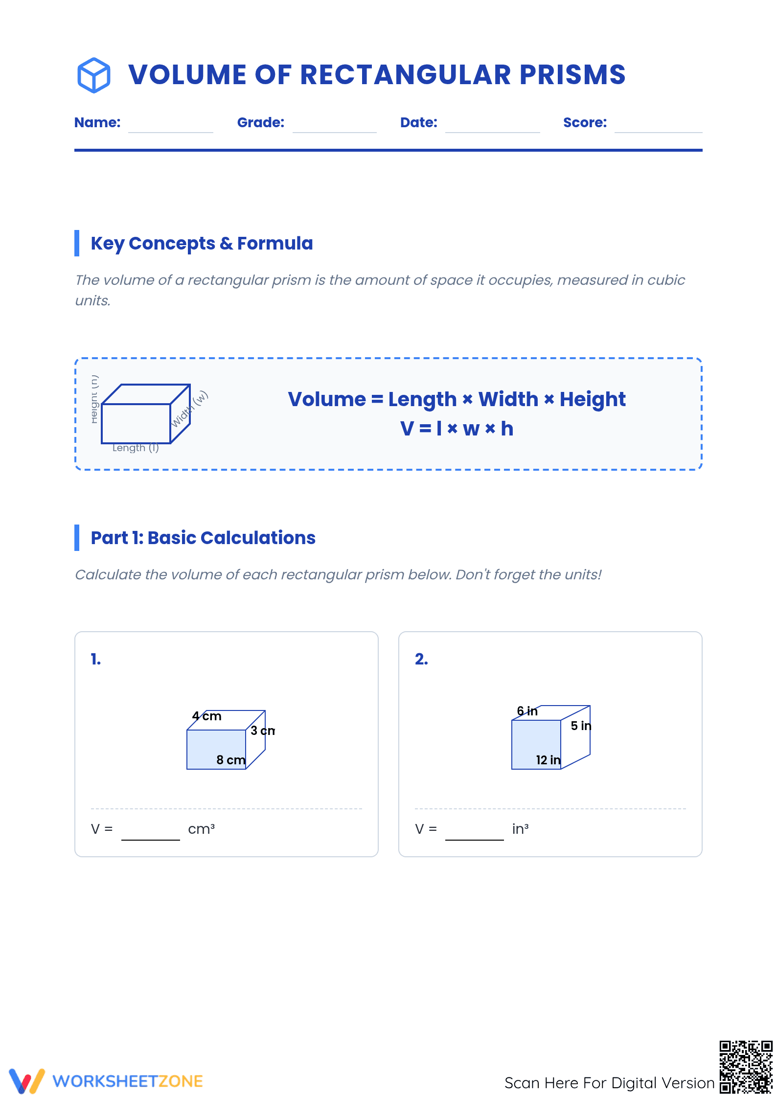 Essential Volume of Rectangular Prisms Worksheet | Grade 6-9 - Page 1