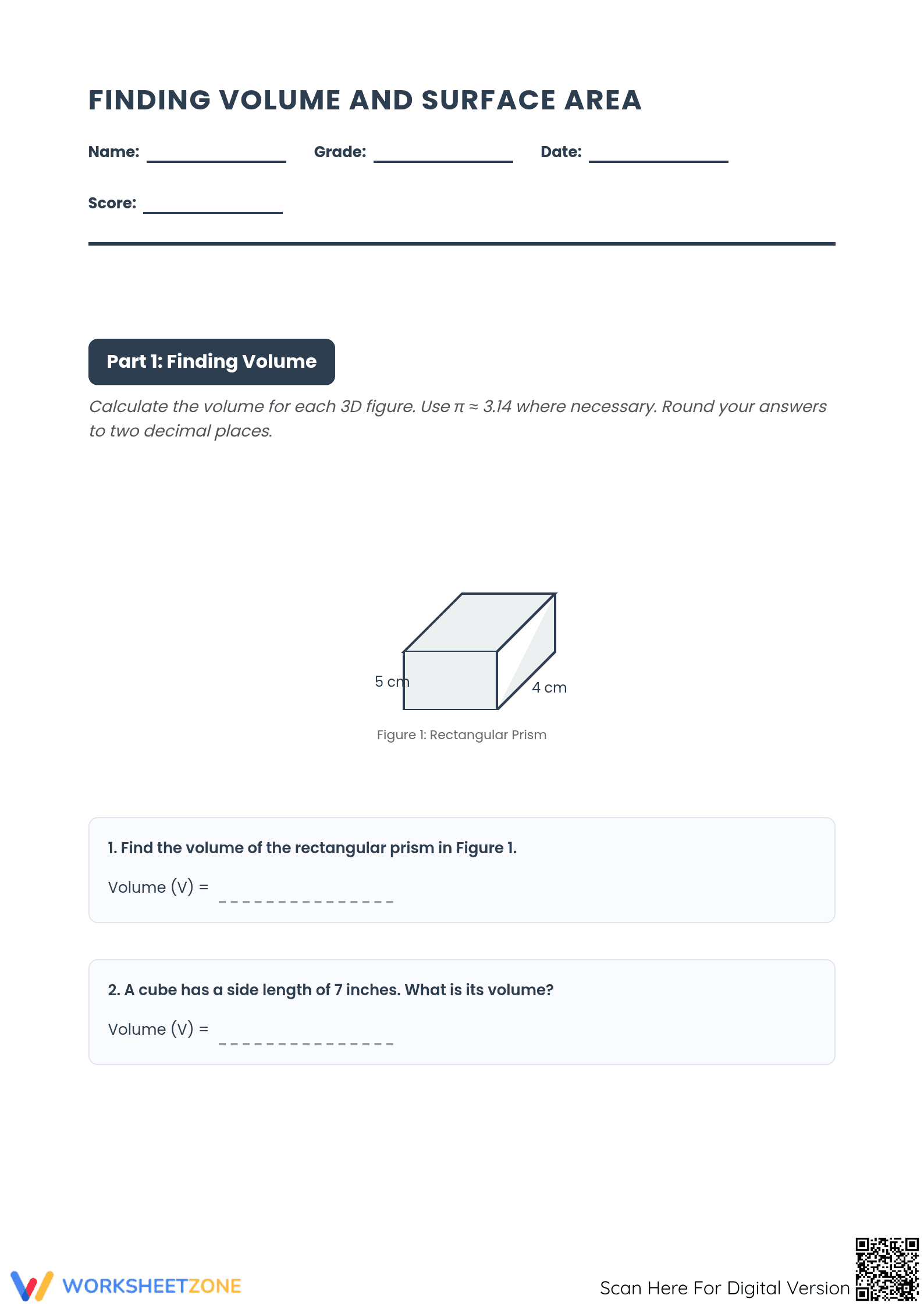 Essential Volume and Surface Area Worksheet | Grade 8 Math - Page 1