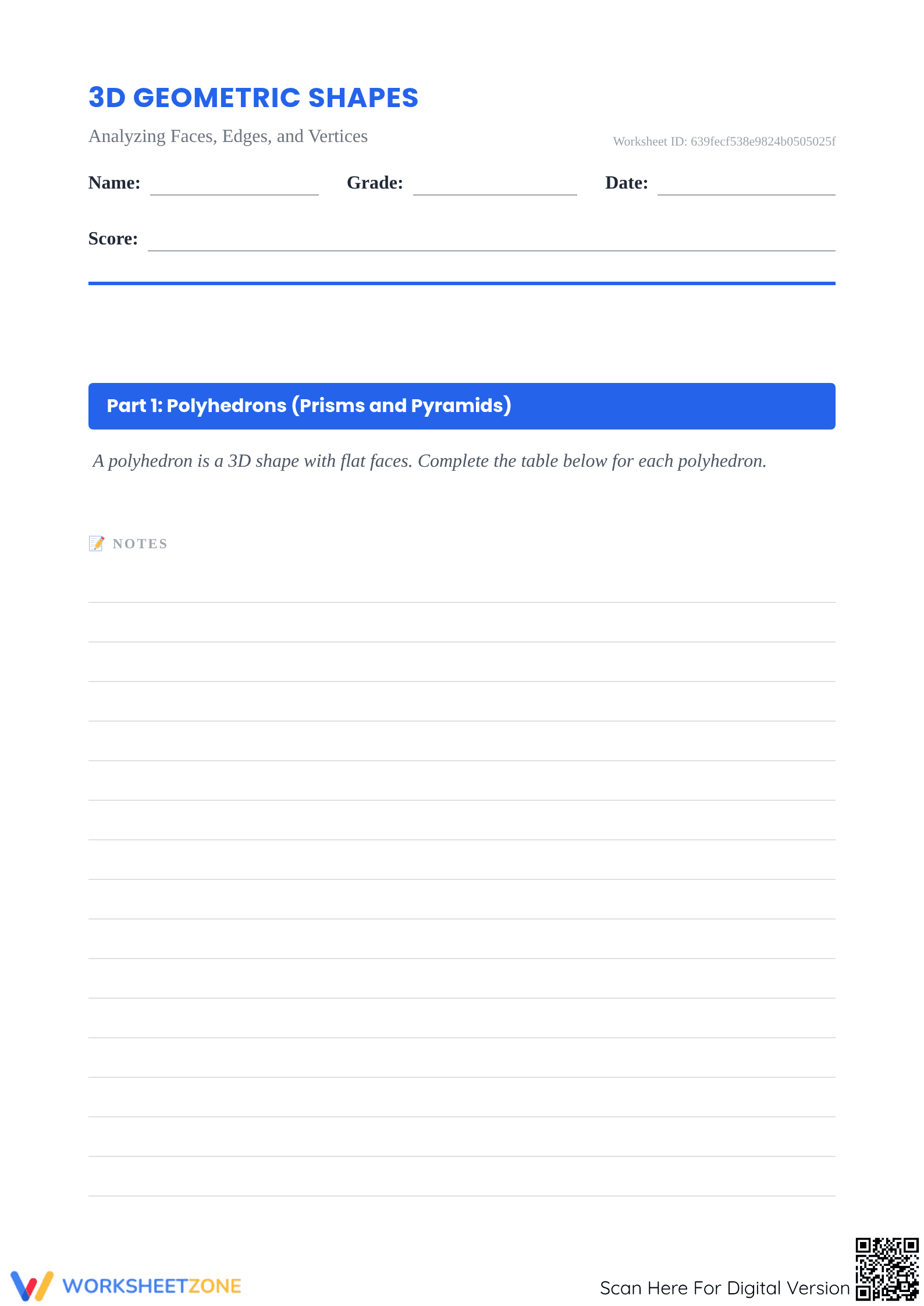 3D Shapes & Euler’s Formula Worksheet — Grade 7 Ready - Page 1
