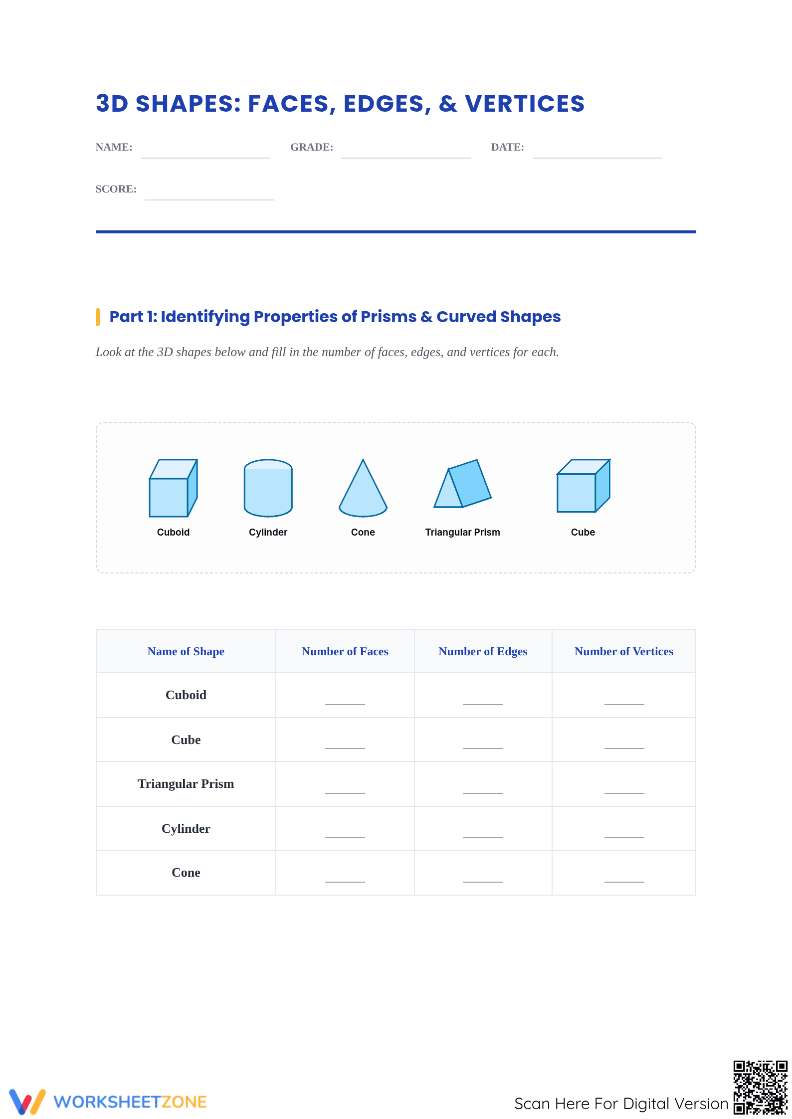 Essential 3D Shapes Worksheet: Faces, Edges, & Vertices - Page 1