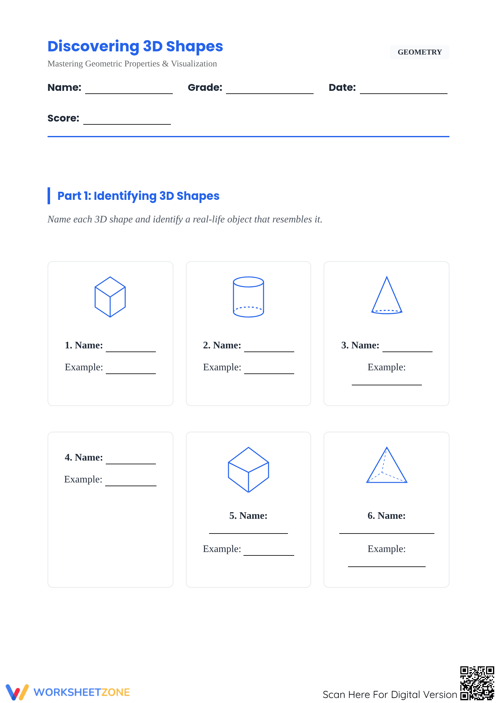 Printable 3D Shapes Geometry Worksheet: Grades 6-9 Essential - Page 1