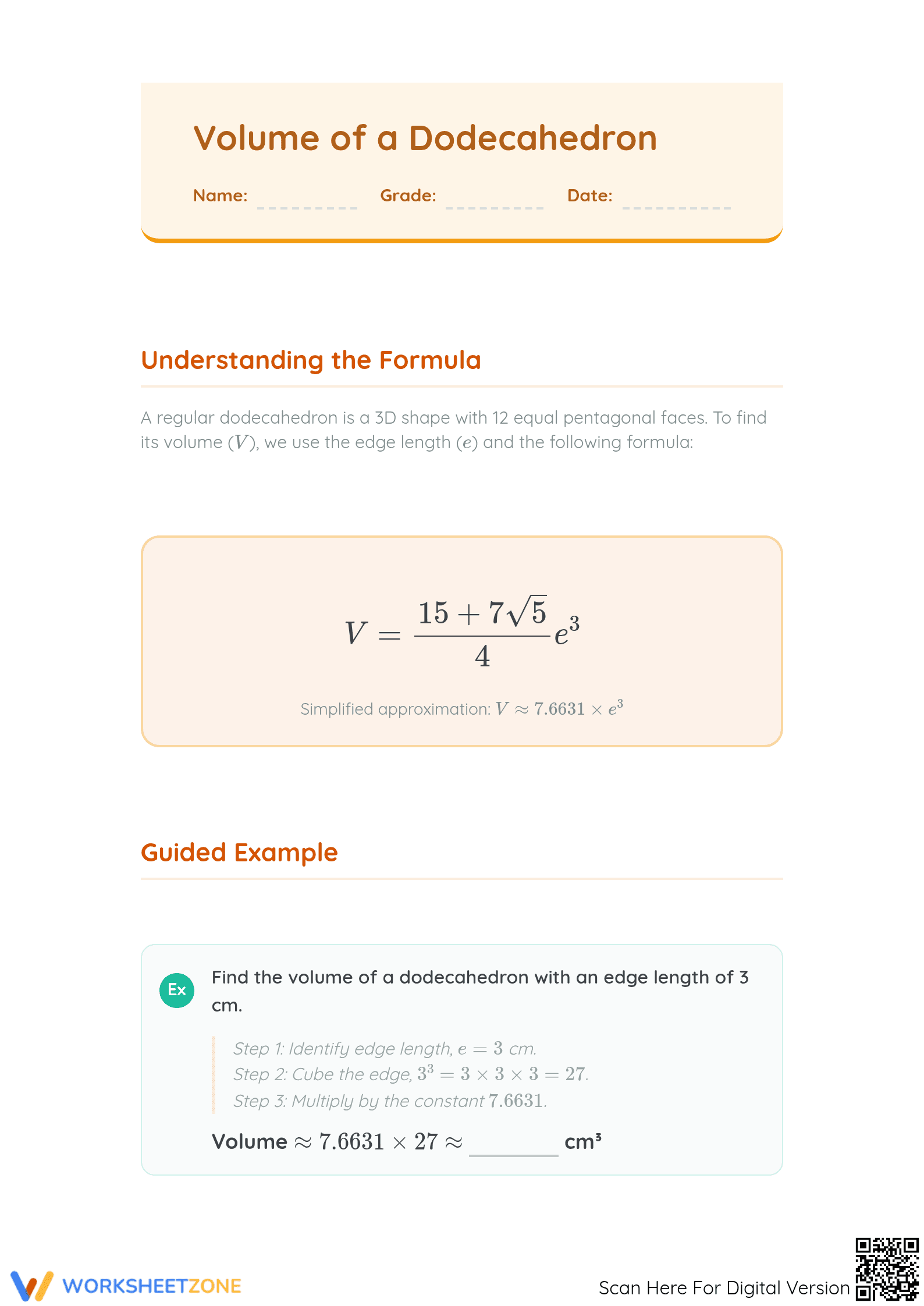 Volume of Dodecahedron Worksheet | Essential Grade 7 Math - Page 1