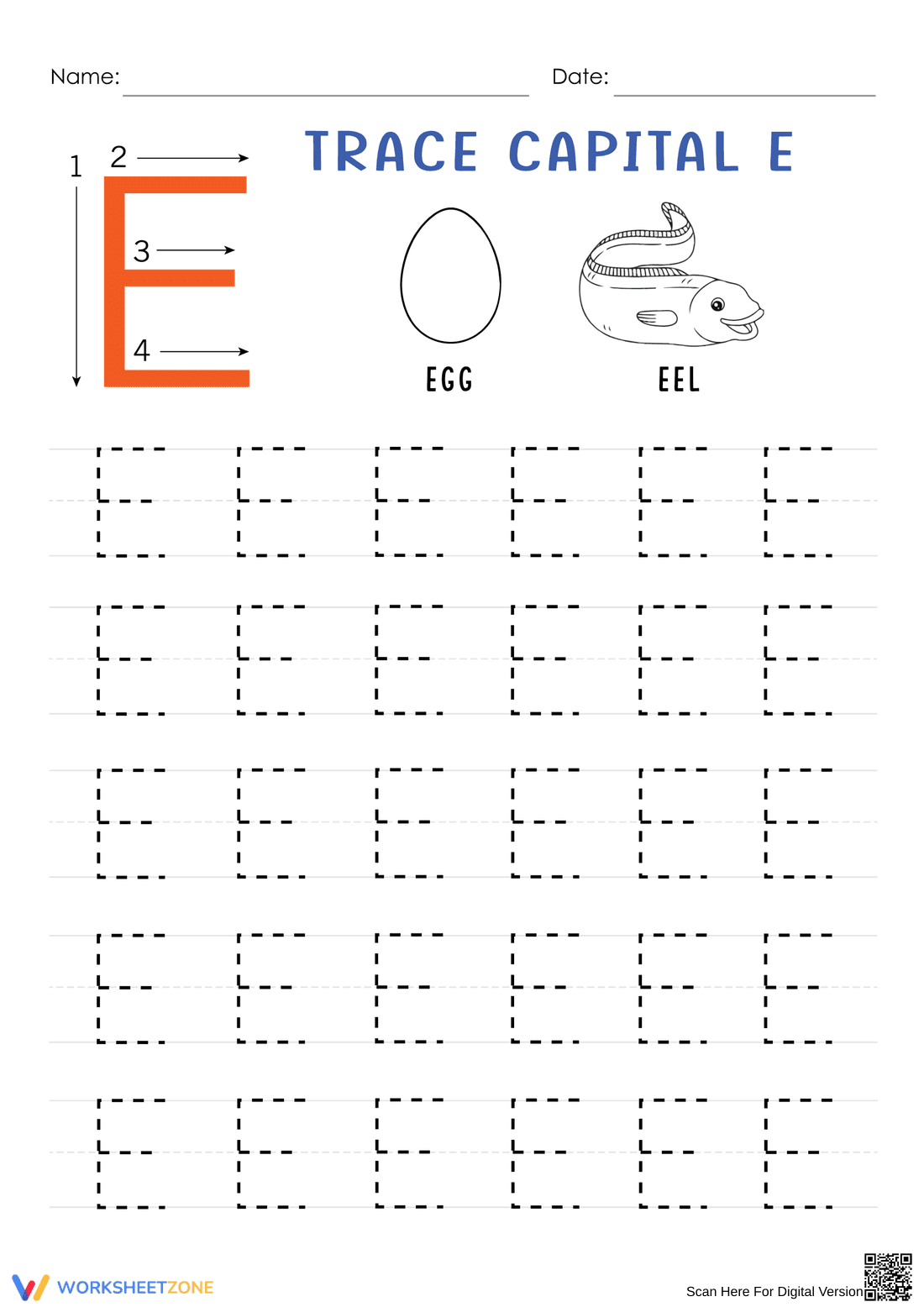Practice Tracing Capital E Worksheet - Page 1