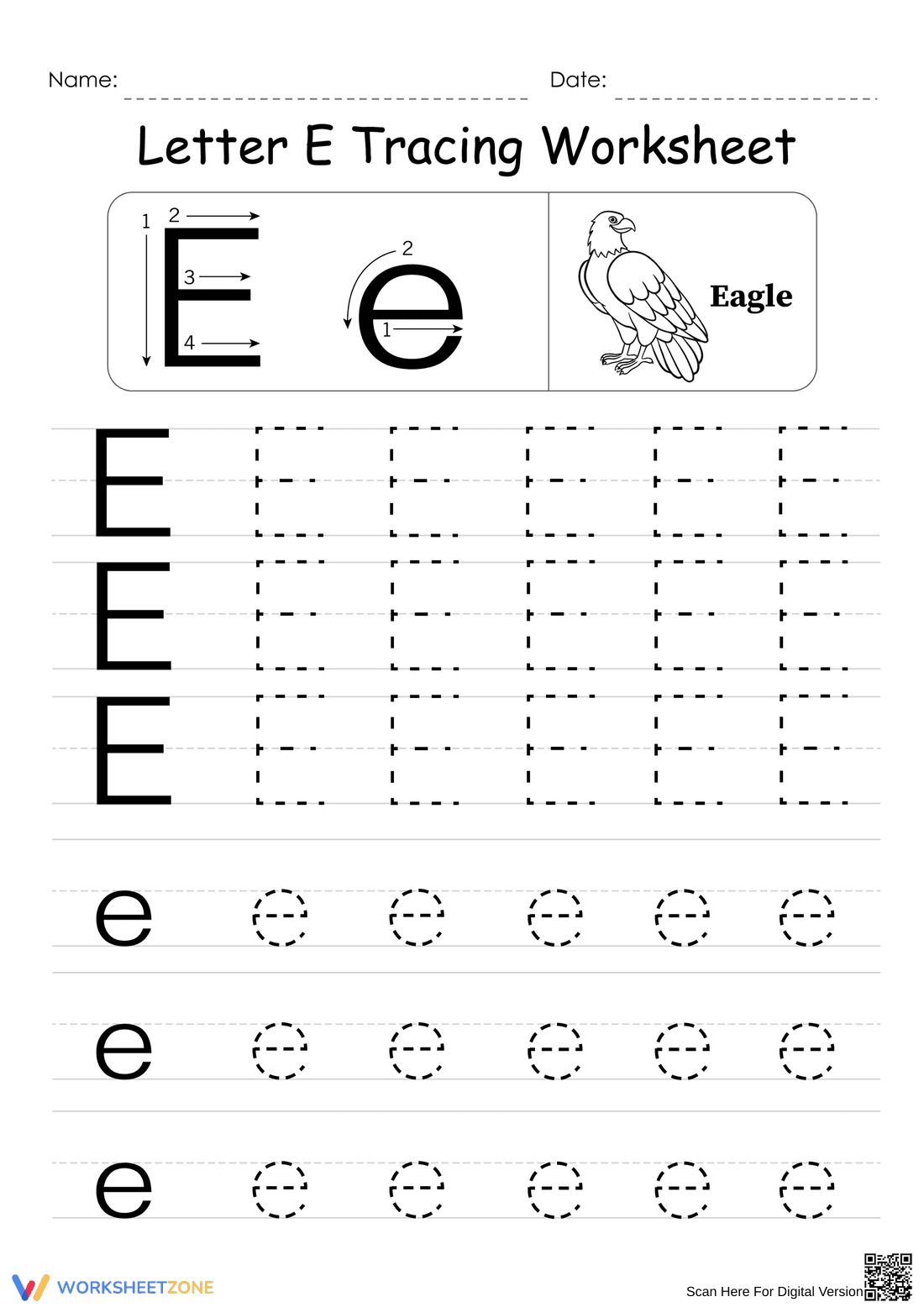 Letter E Tracing Worksheet | Essential Kindergarten Practice - Page 1