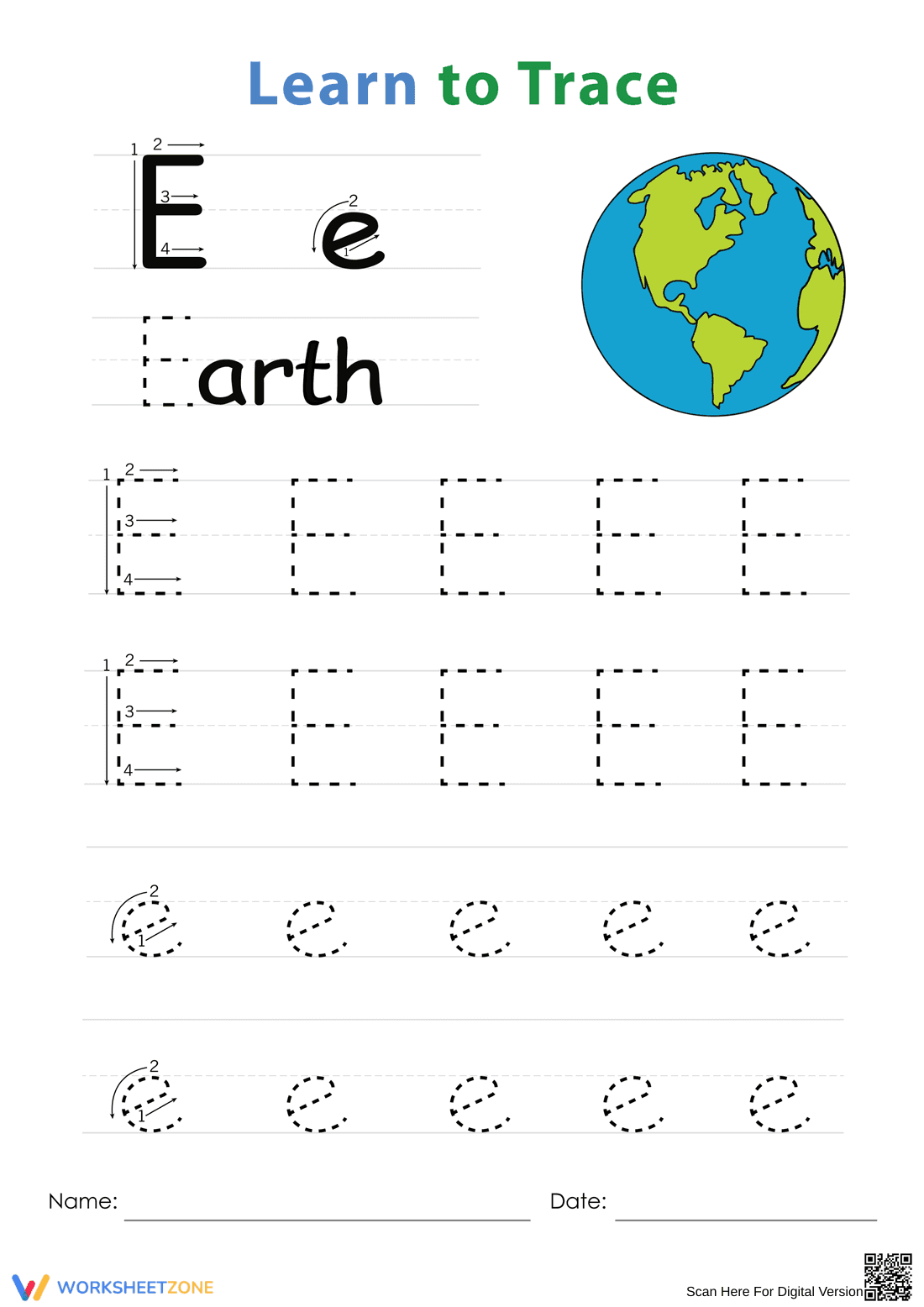 Learn Letter E with Earth Worksheet - Page 1