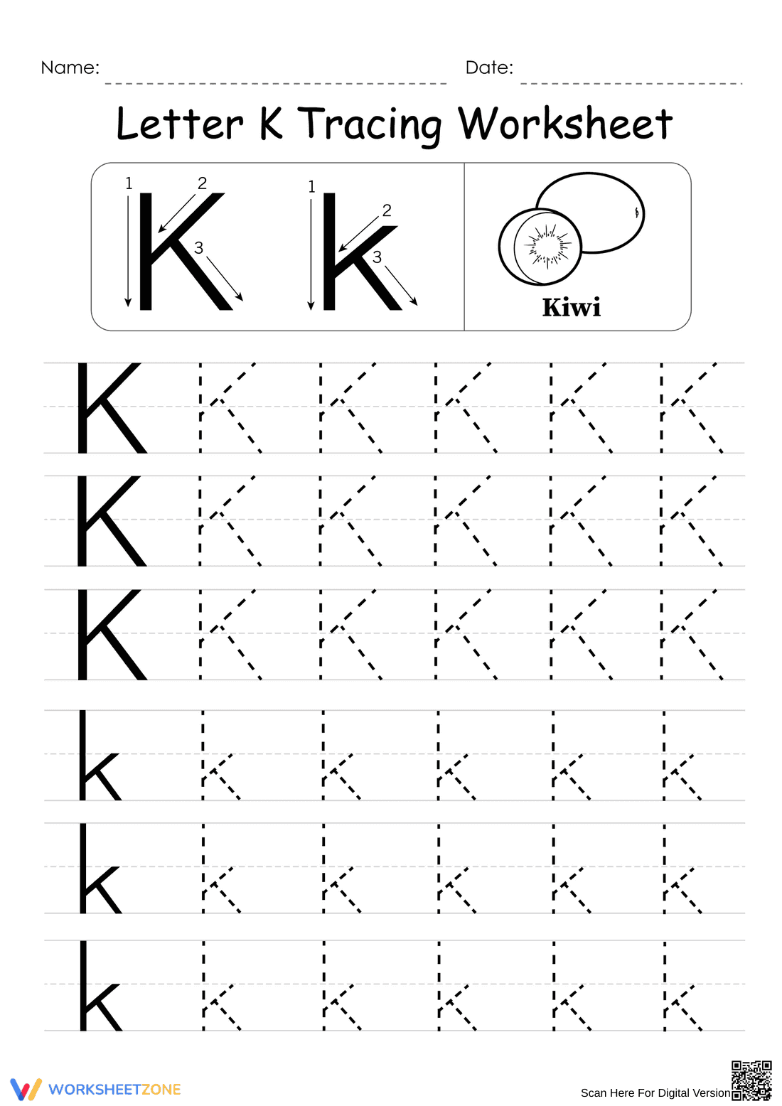 Study Letter K with Kiwi Worksheet - Page 1