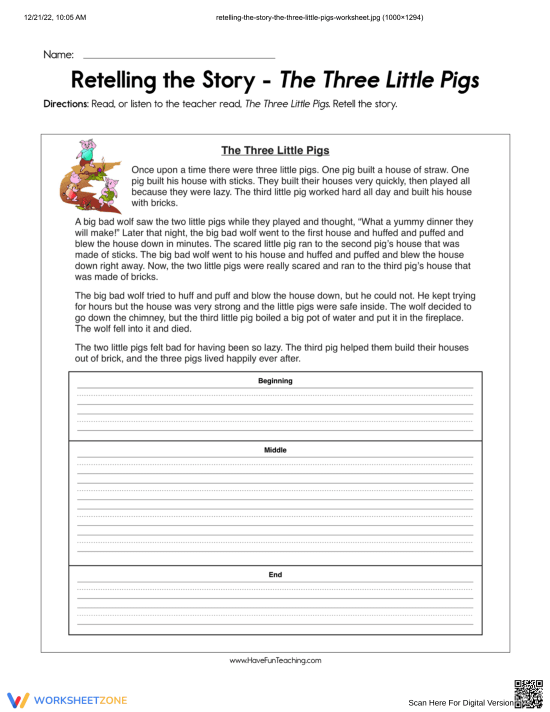 Retelling the Three Little Pigs Worksheet - Page 1