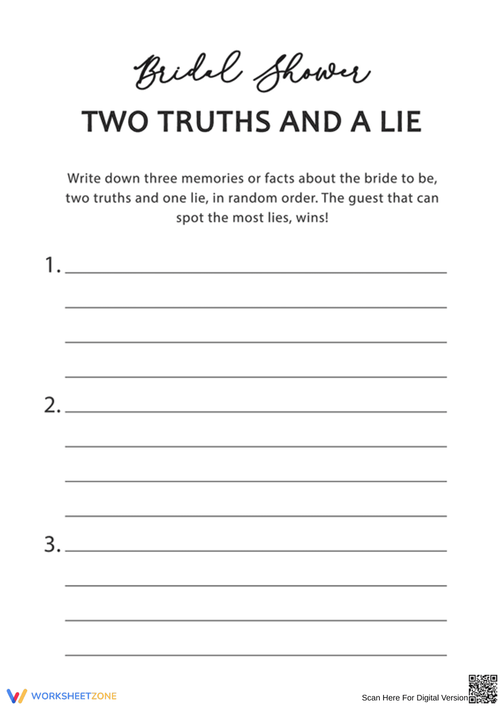 List of Two Truths and One Lie Worksheet Activity - Page 1