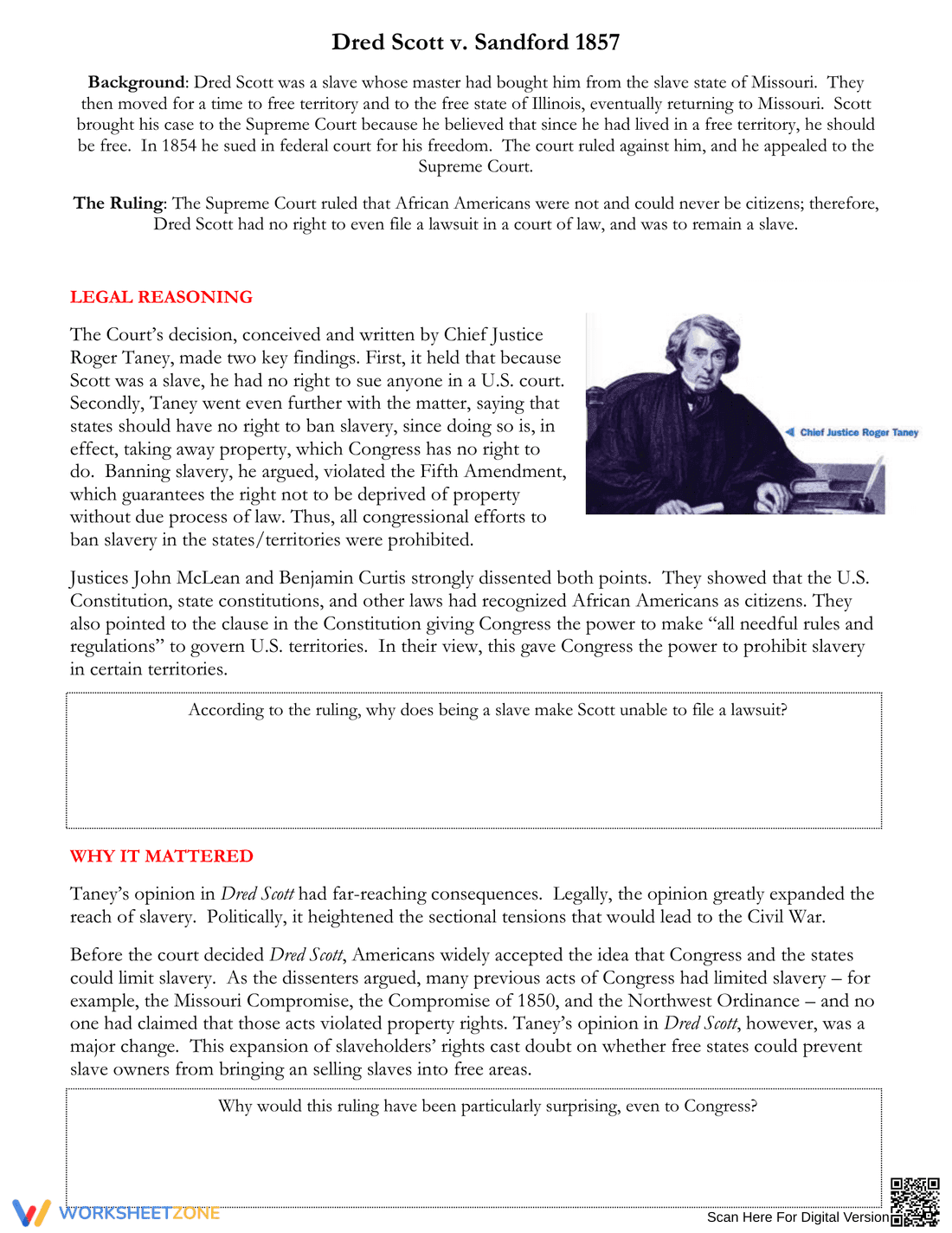 Dred Scott and Sandford (1857) Worksheet Analysis - Page 1