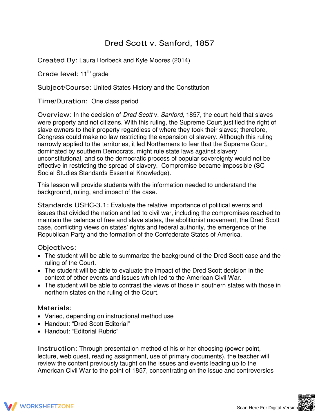 Updated Worksheet: Dred Scott vs. Sanford (1857) - Page 1