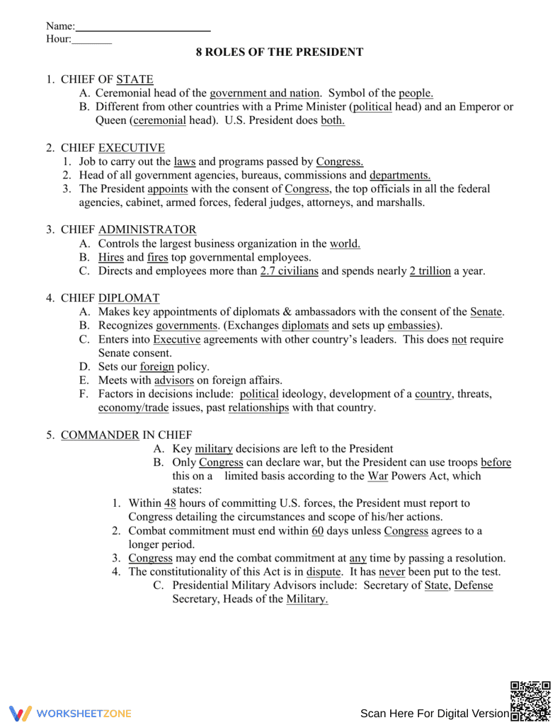 8 Roles of the President: A Detailed Worksheet - Page 1