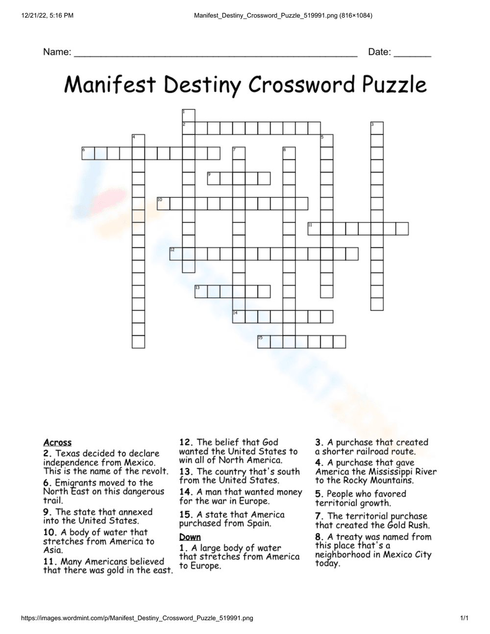 Manifest Destiny Puzzle: A History Activity - Page 1