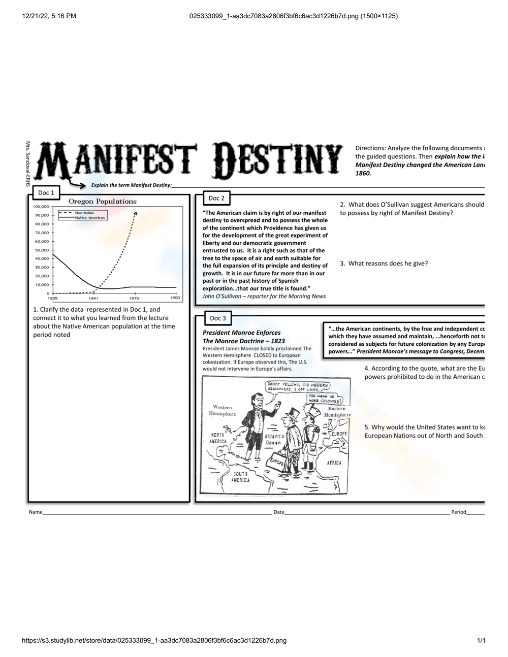 Manifest Destiny Information: A Detailed Worksheet - Page 1