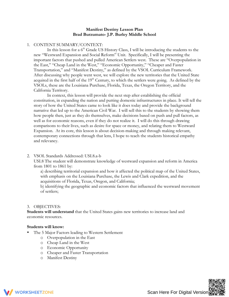 Manifest Destiny Reading Comprehension Worksheet - Page 1