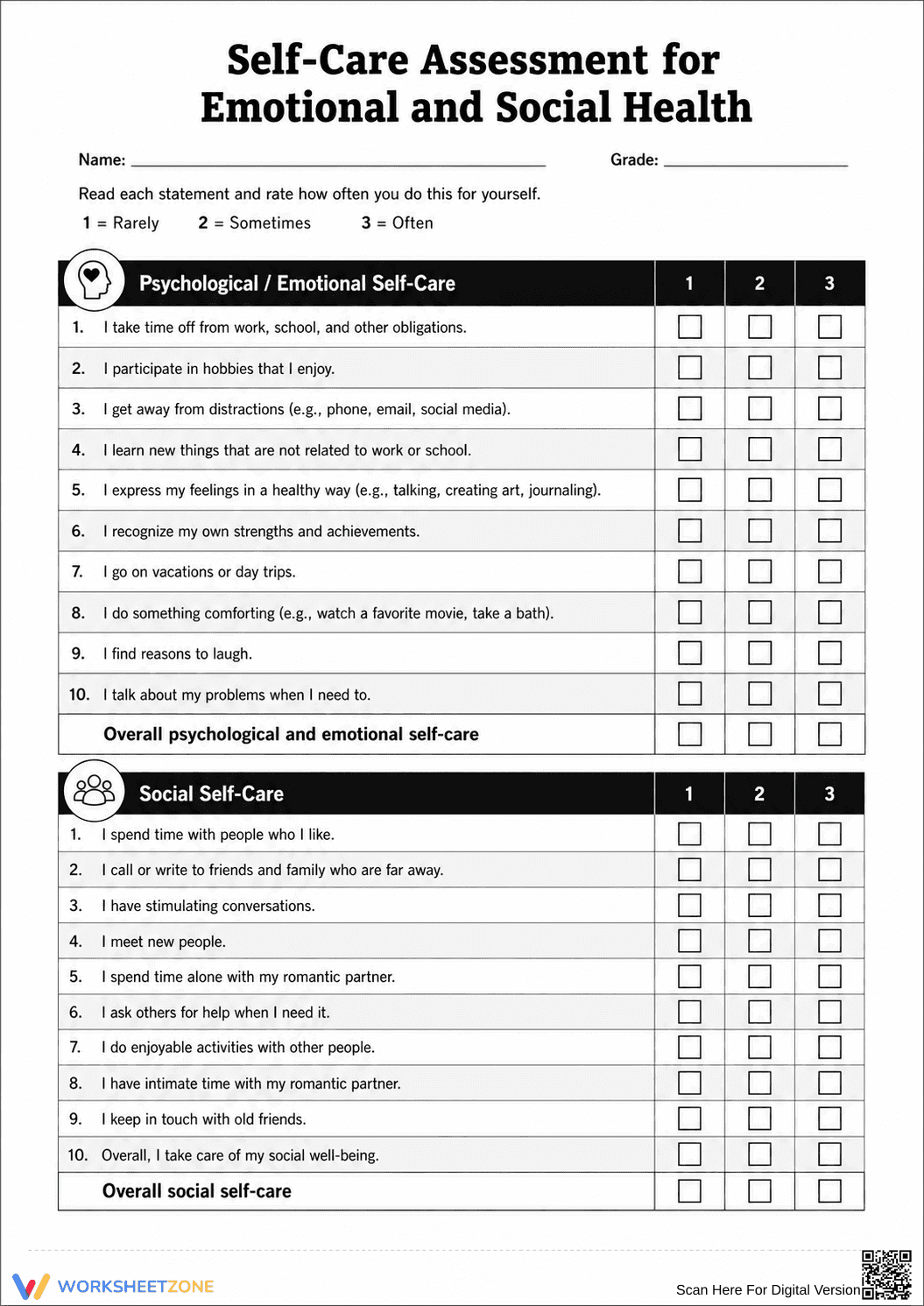 Printable Self-Care Assessment | Grade 9-12 Health - Page 1