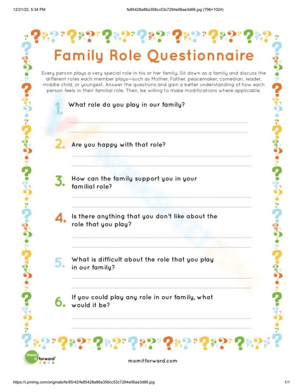 Family Roles Questionnaire Worksheet - Page 1