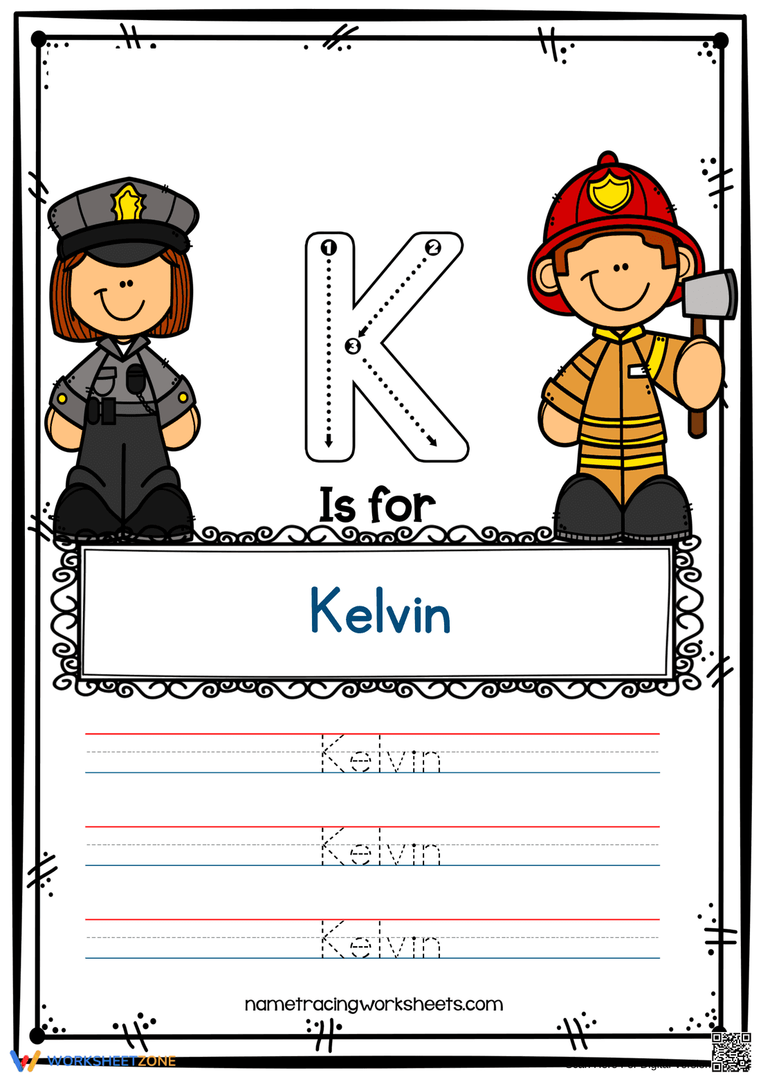 Name Tracing Kelvin Worksheet | Essential Grade K-1 - Page 1