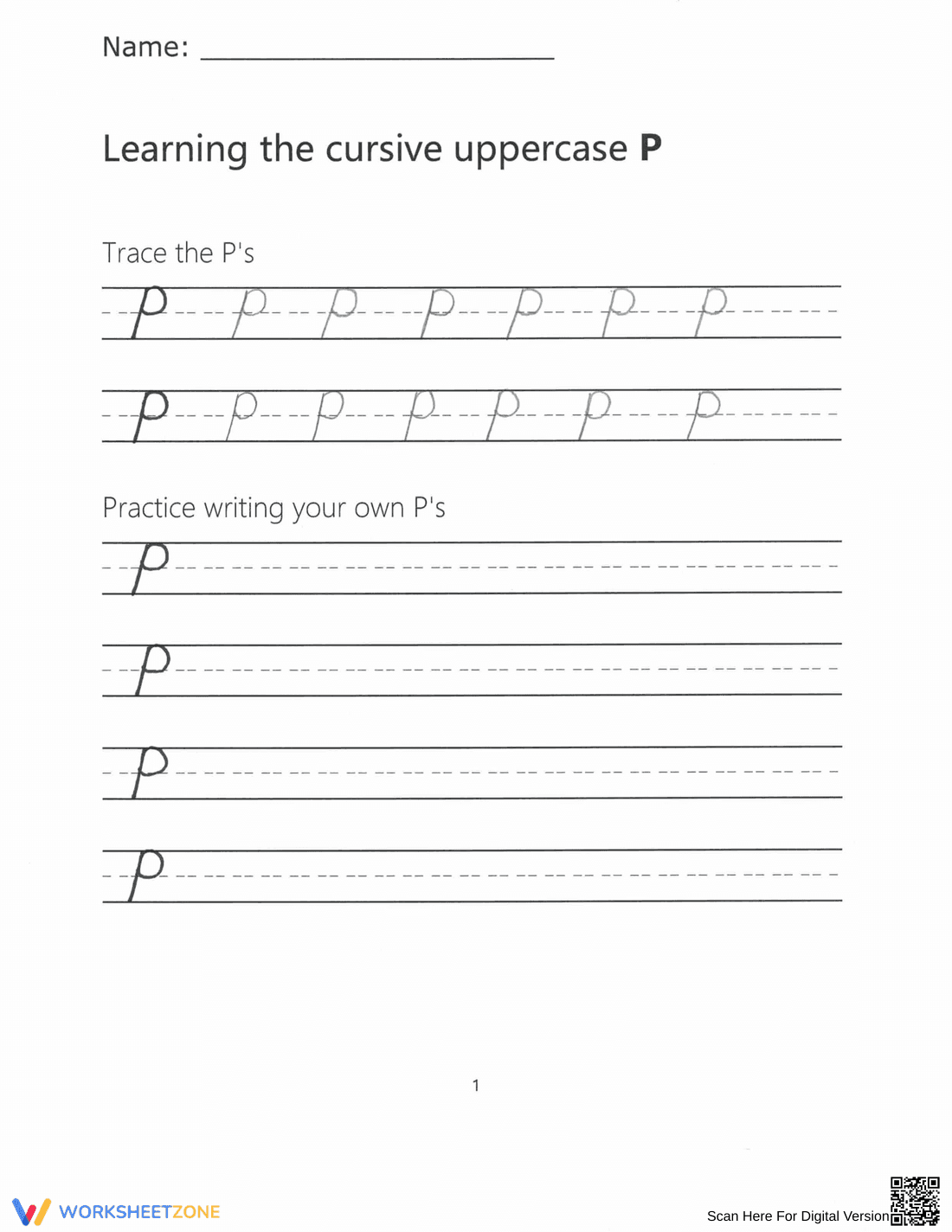 Grade 2 Cursive P — Printable No-Prep Worksheet - Page 1