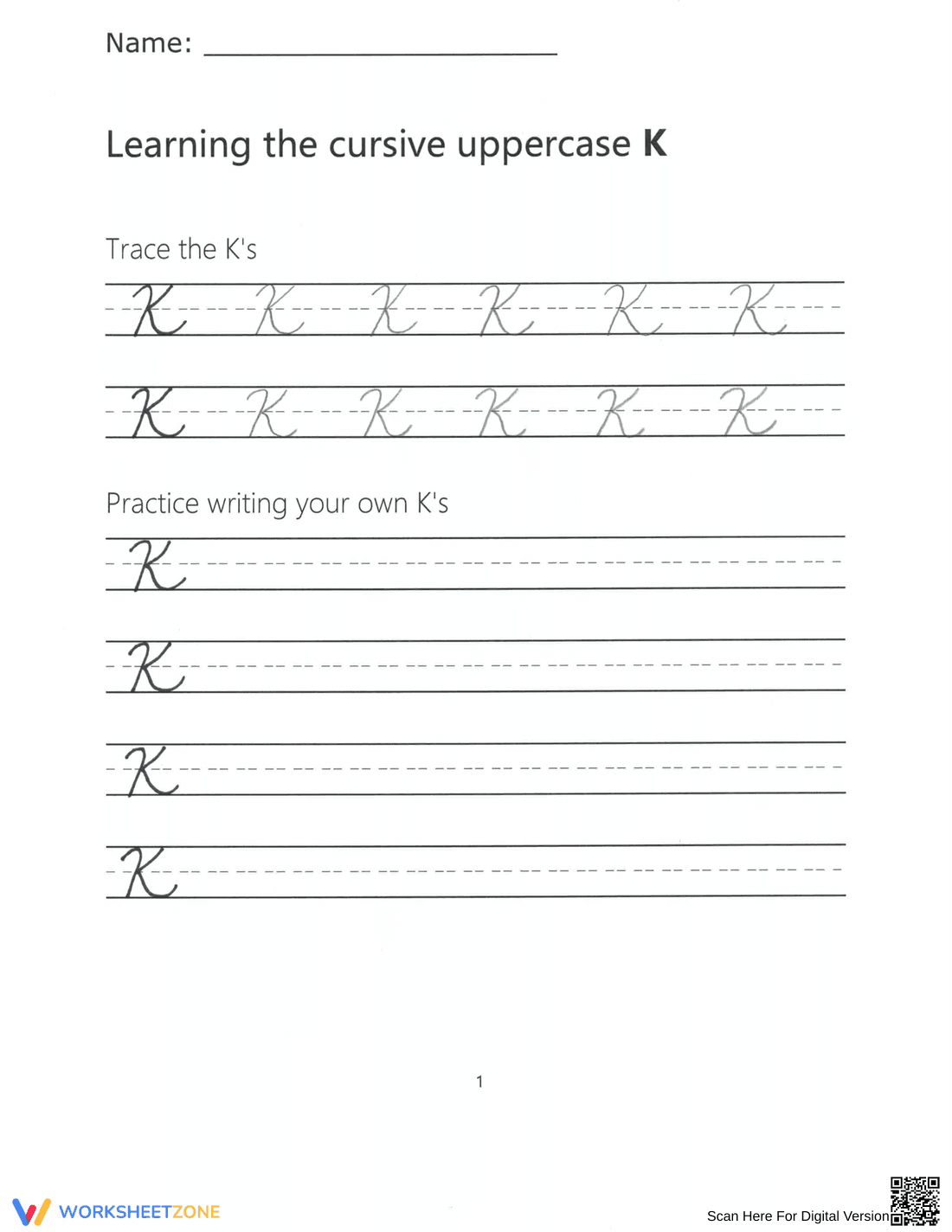 Cursive Uppercase K Worksheet | Grade 3 Essential - Page 1