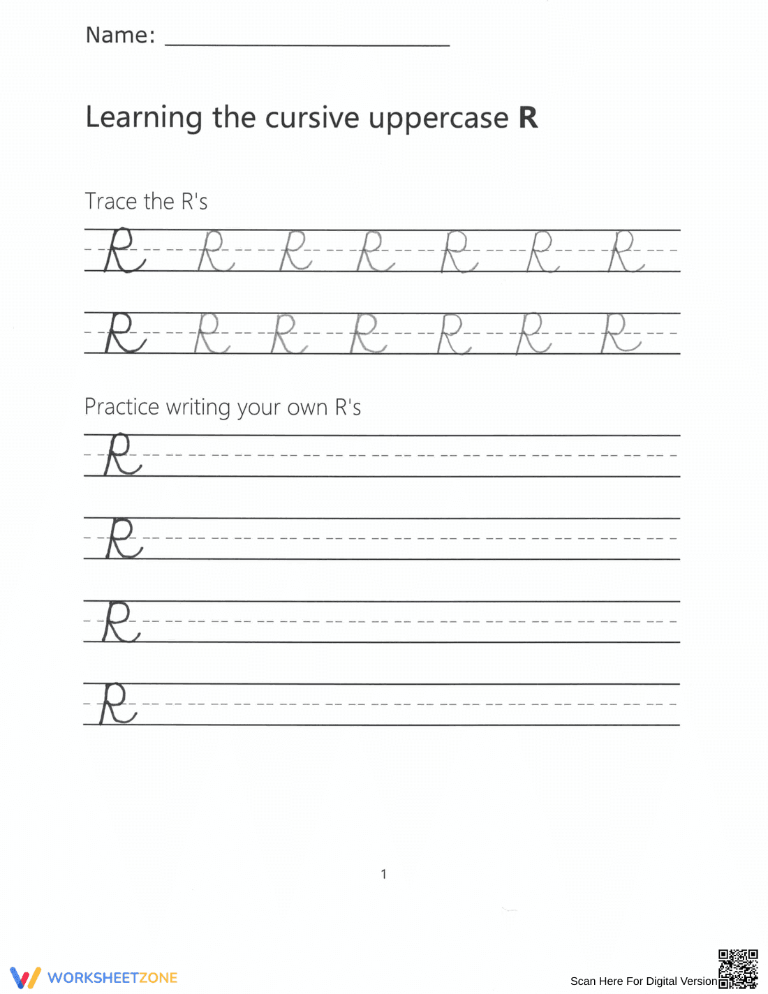 Cursive Uppercase R Worksheet | Grade 3 Printable - Page 1