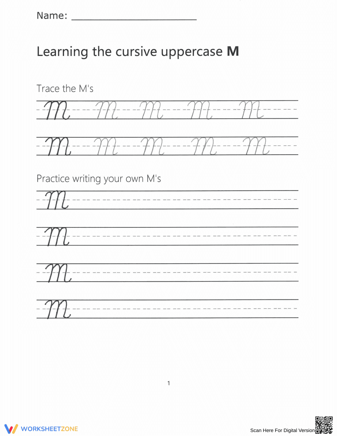 Cursive Uppercase M Worksheet | Grade 2 Essential - Page 1