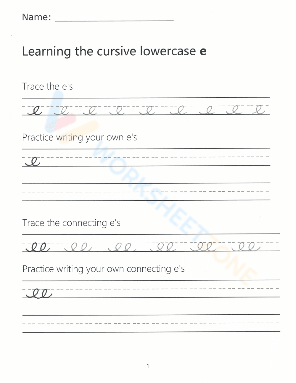 Learn Cursive Lowercase e | Essential Grade 2-3 Worksheet - Page 1