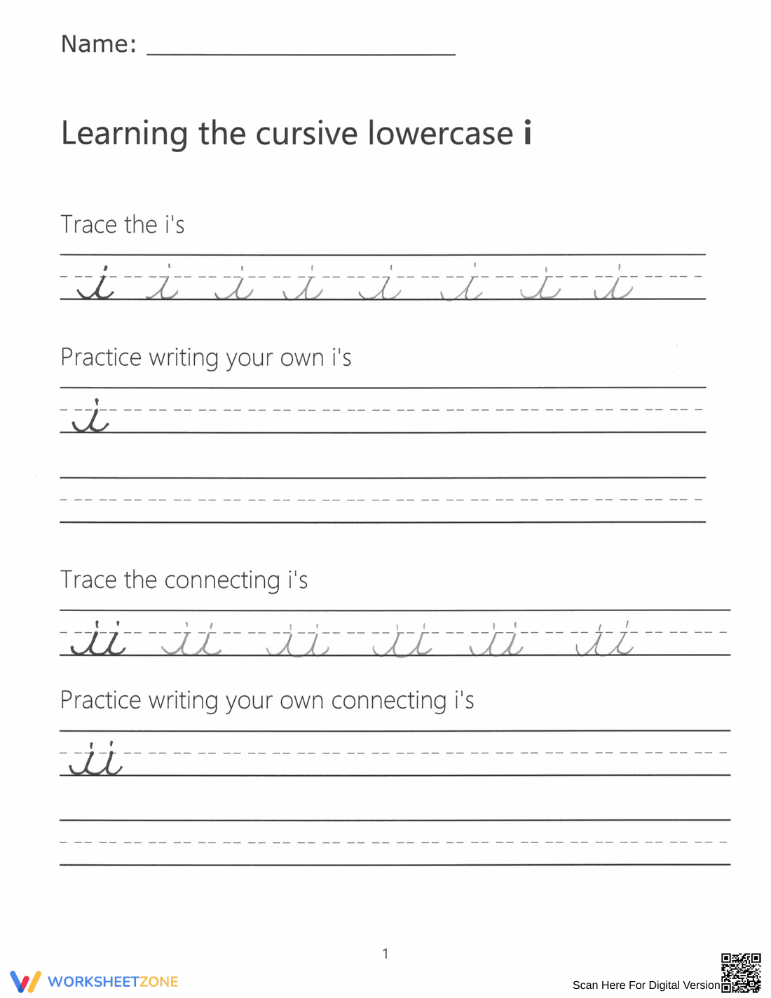 Cursive Lowercase i Worksheet | Grade 2-3 Printable - Page 1