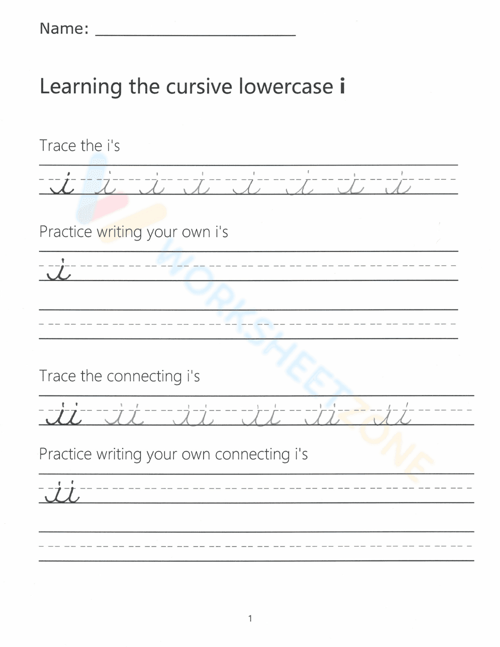 Cursive Lowercase i Worksheet | Grade 2-3 Printable - Page 1